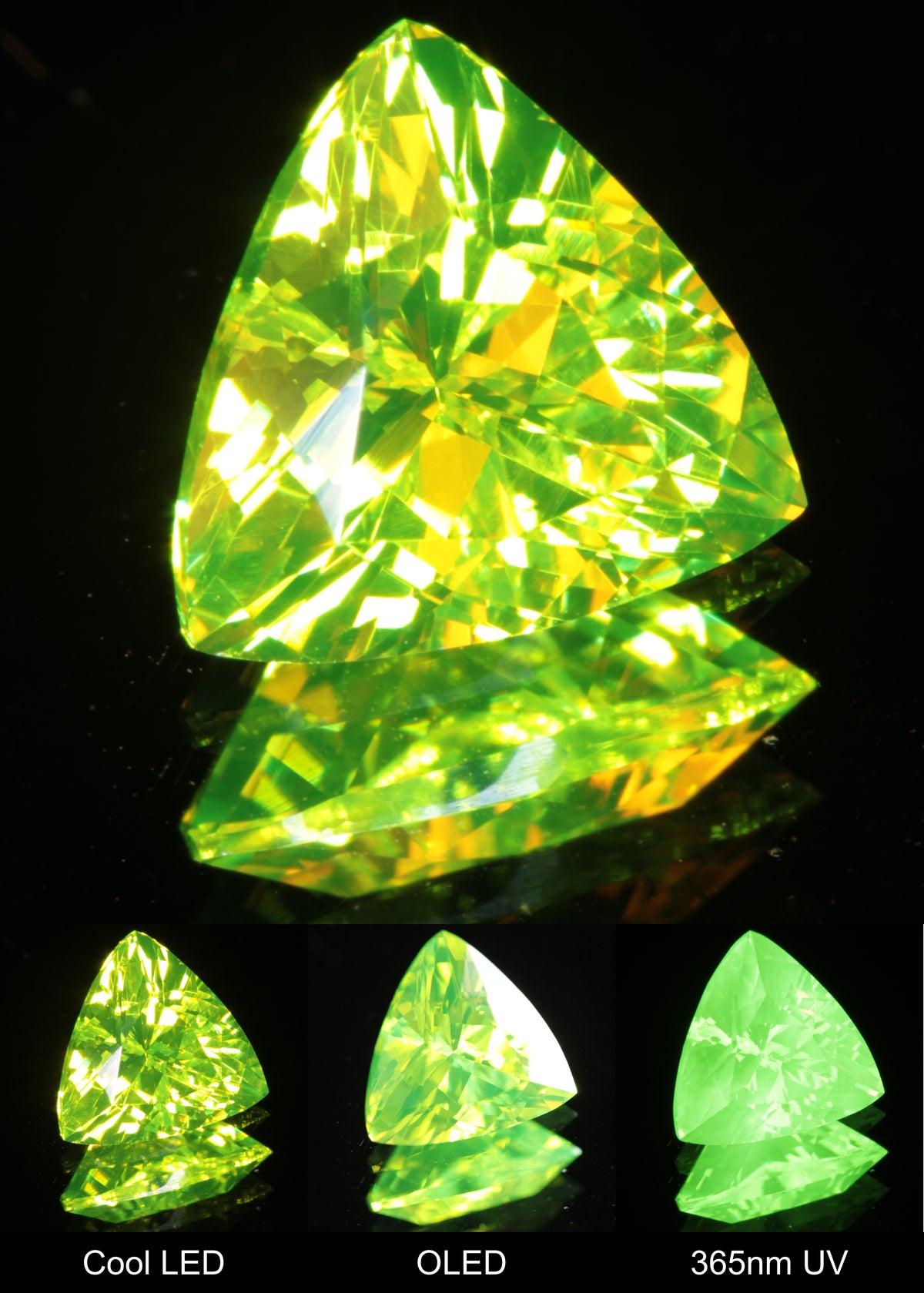 Neon Green 7 mm Trillion Cut LuAG Lumogarnet Gem on a Mirror Background