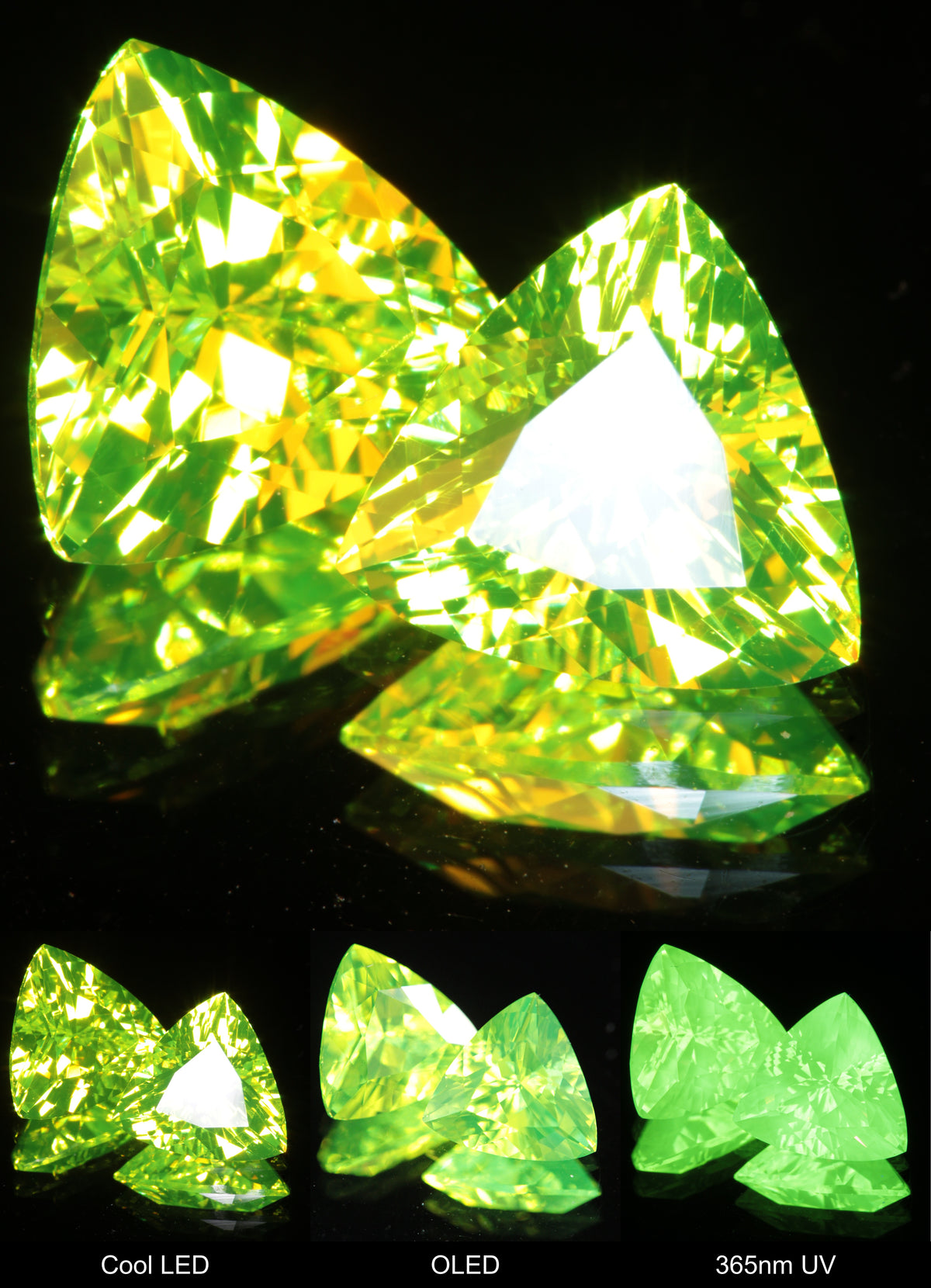 Neon Green 8 mm Trillion Cut LuAG Lumogarnet Gem on a Mirror Background