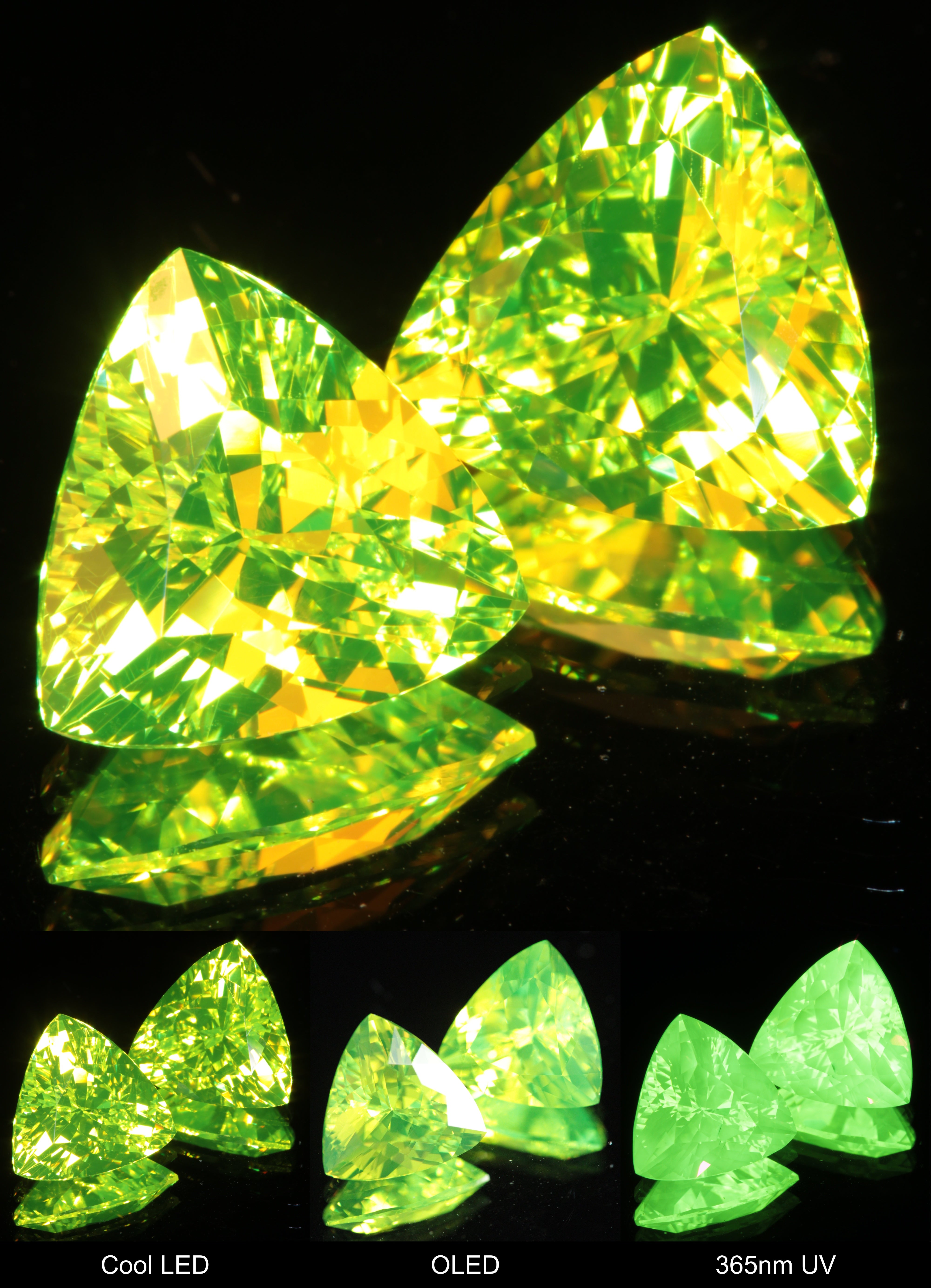 Neon Green 9 mm Trillion Cut LuAG Lumogarnet Gem on a Mirror Background