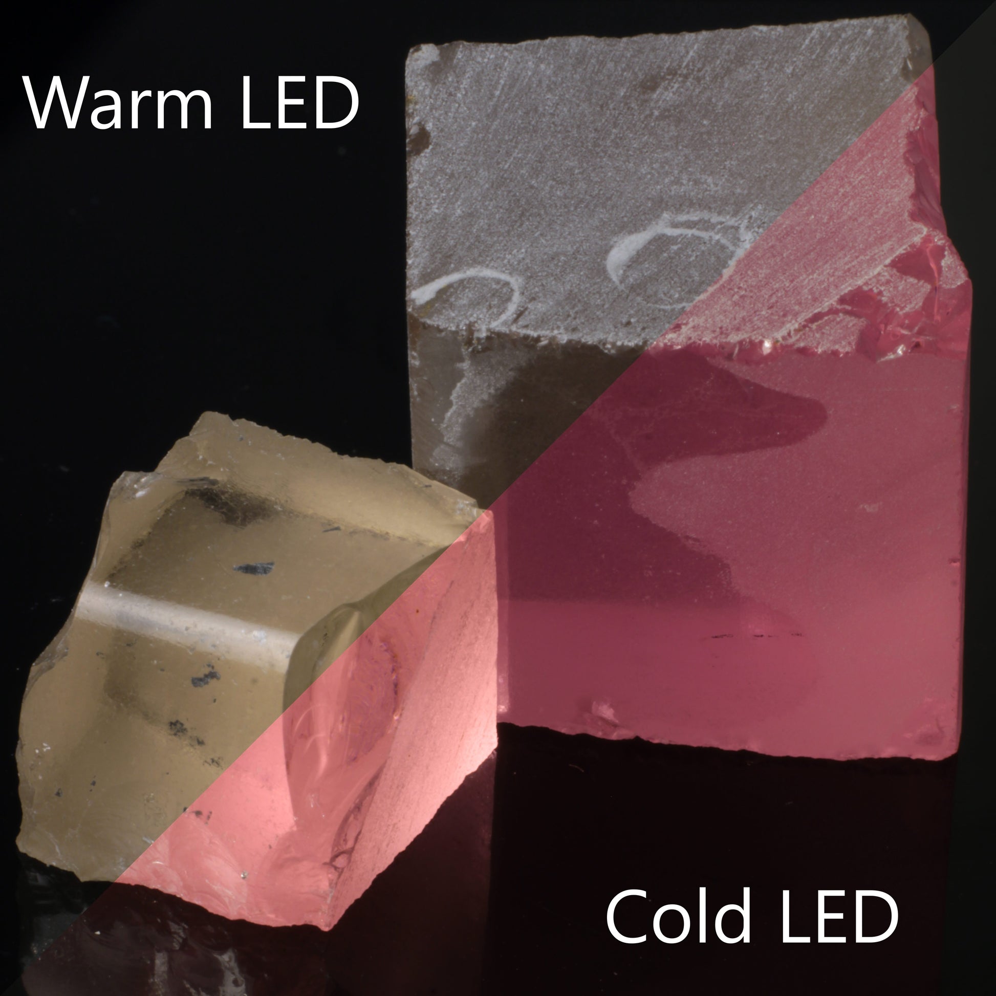 Er/Nd Soviet YAG rough pieces, photo is split diagonally showing the yellow color under warm LED light in the top left, and the pink color under cool LEDs in the bottom rigt