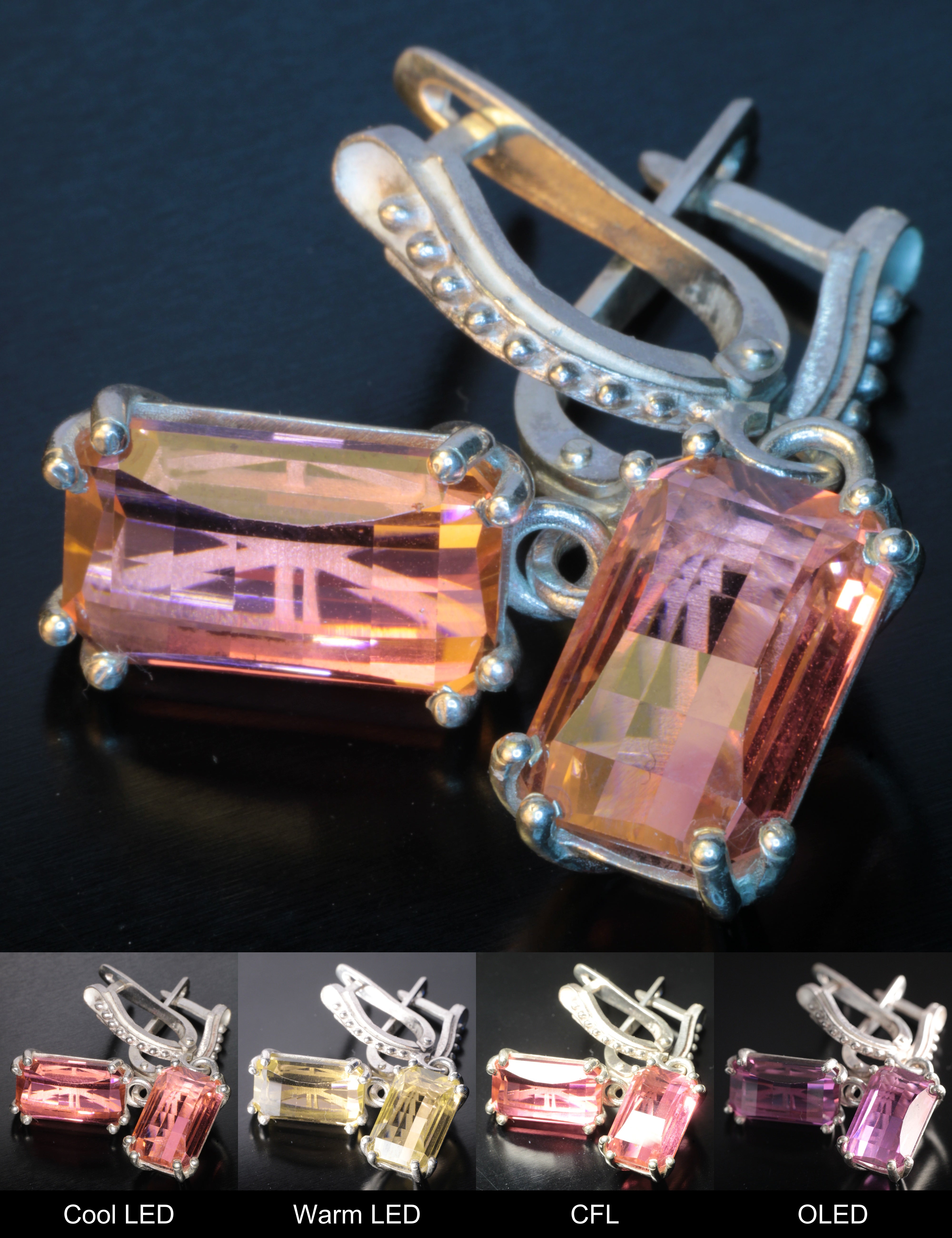 Erbium YAG Pixel Earrings (Pair) Showing Color Change under Different Lighting