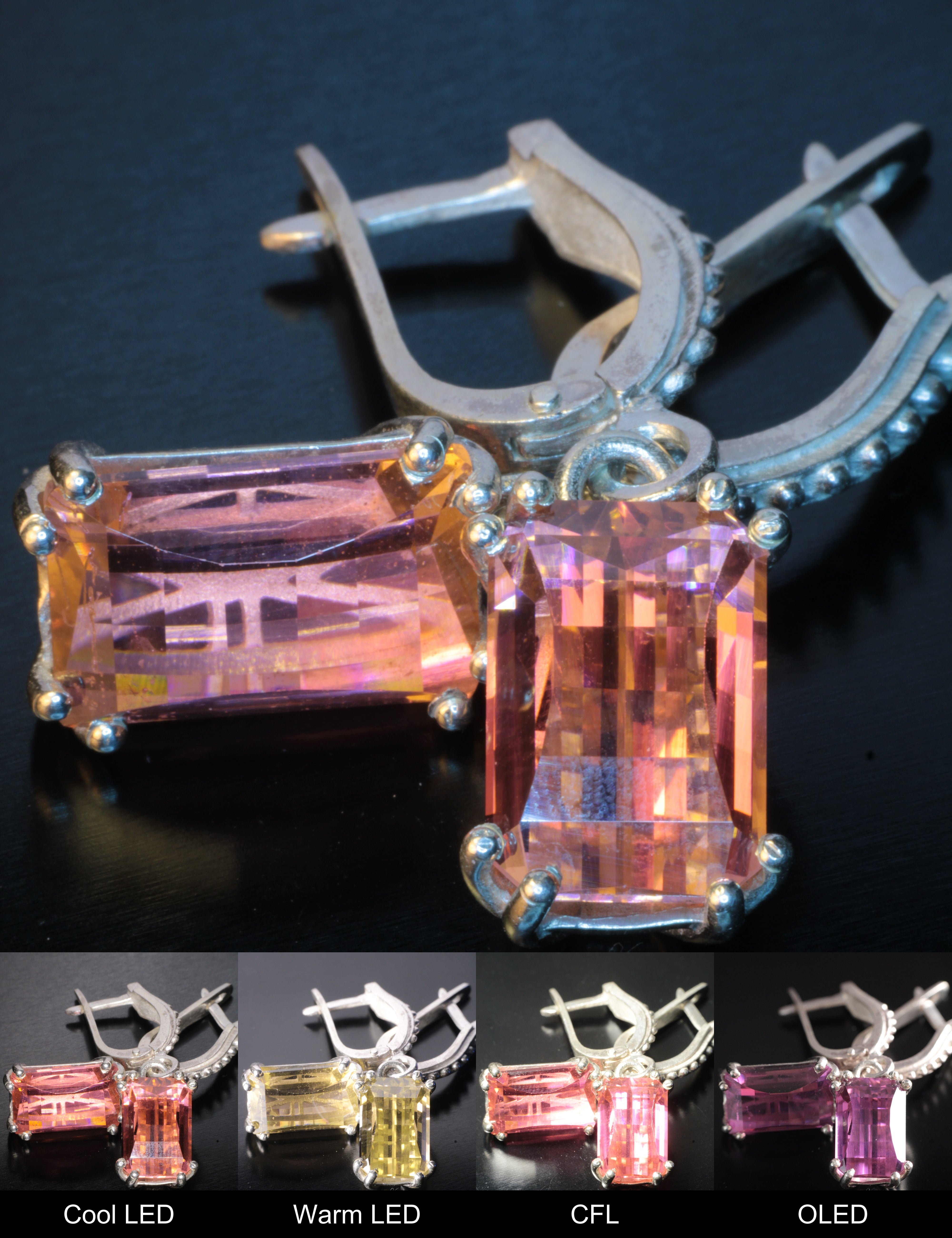 Erbium YAG Pixel Earrings (Pair) Showing Color Change under Different Lighting