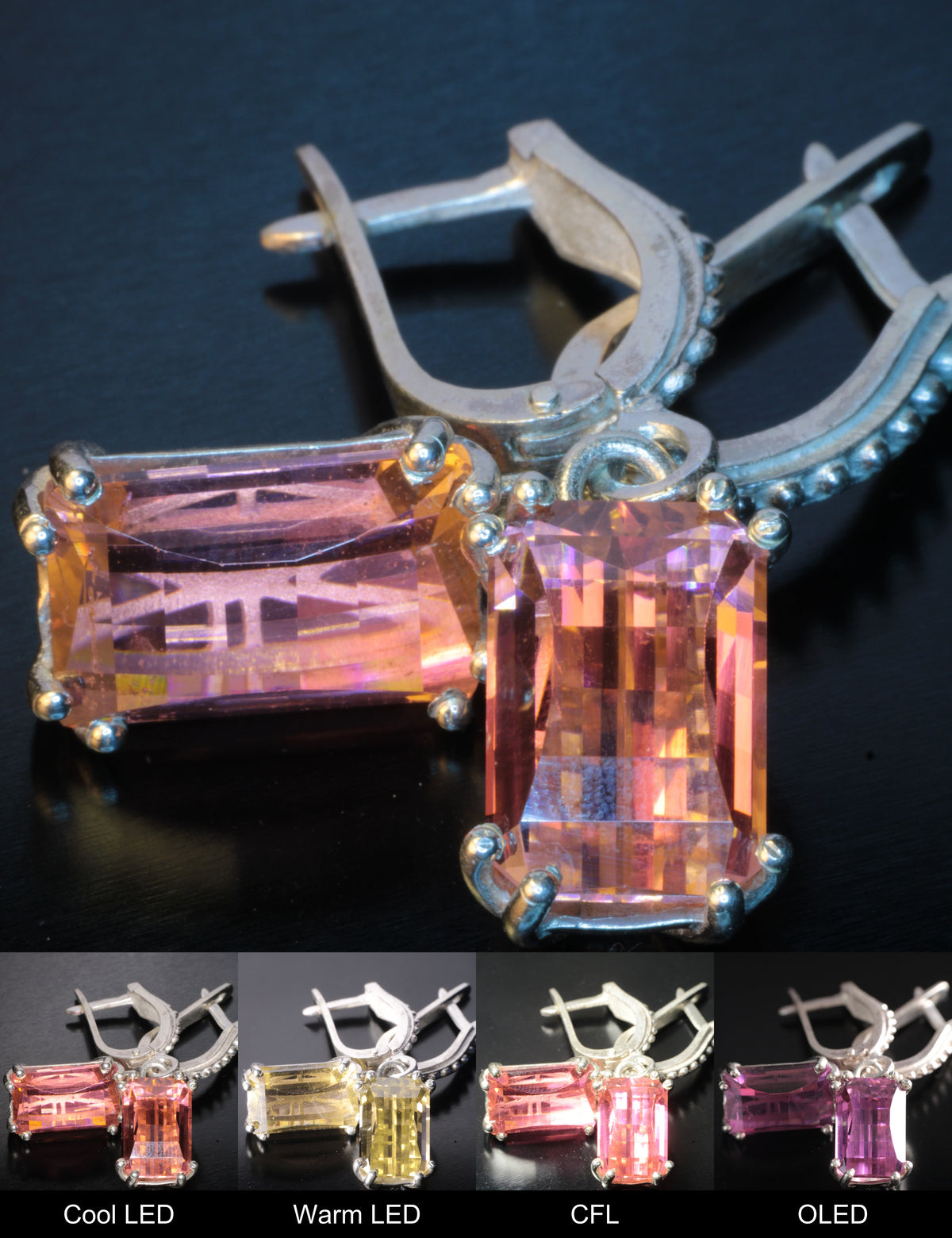 Erbium YAG Pixel Earrings (Pair) Showing Color Change under Different Lighting