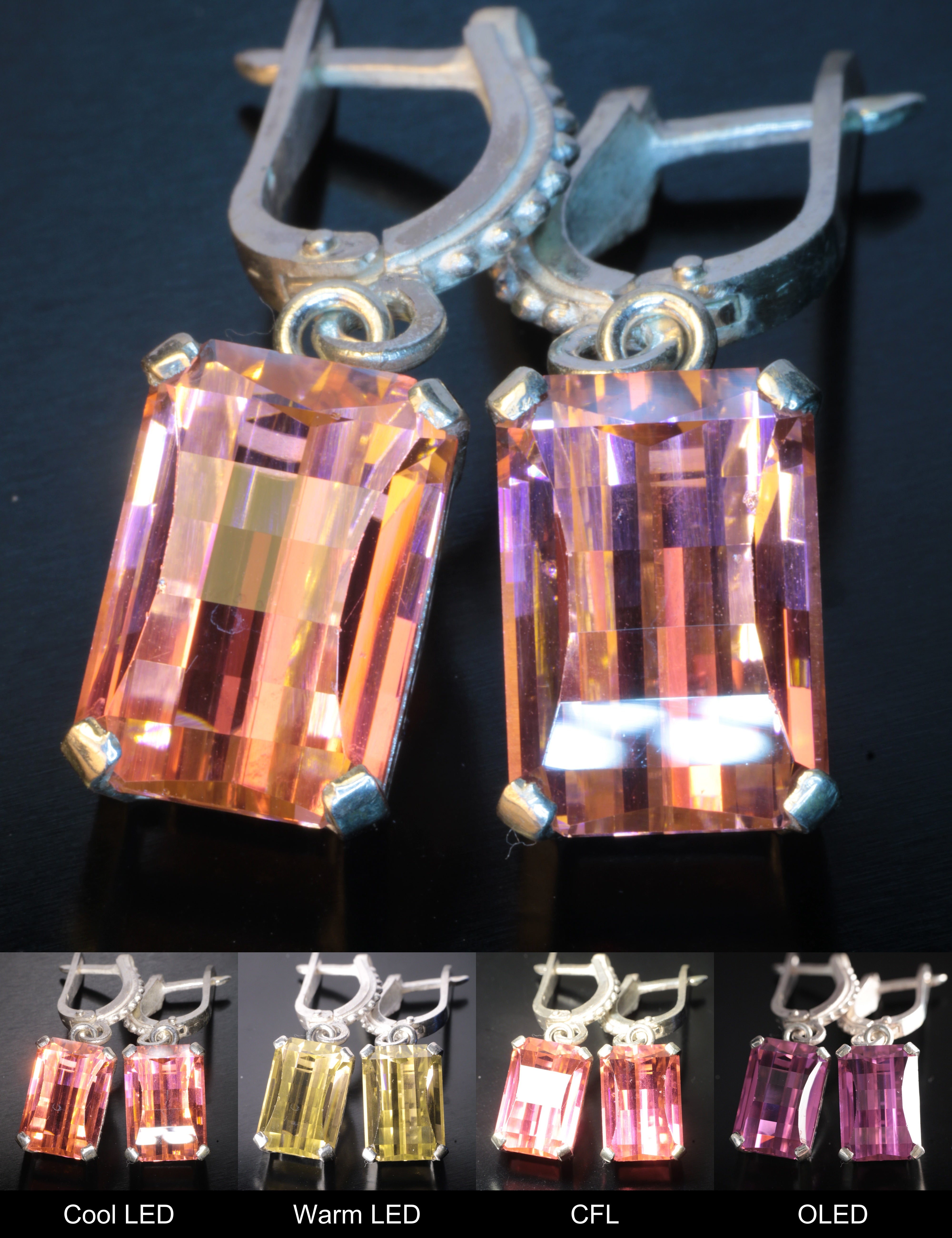 Erbium YAG Pixel Earrings (Pair) Showing Color Change under Different Lighting