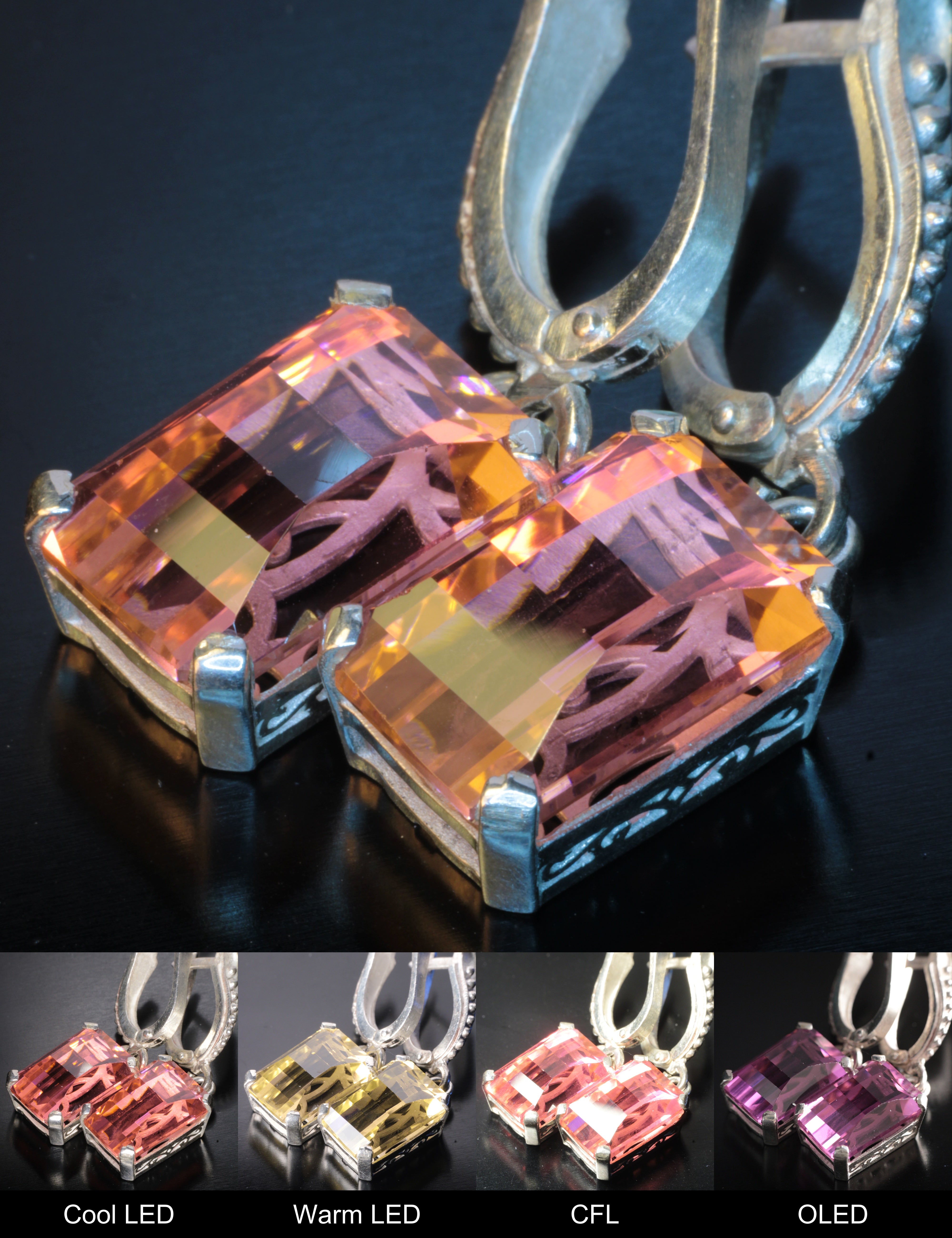 Erbium YAG Pixel Earrings (Pair) Showing Color Change under Different Lighting