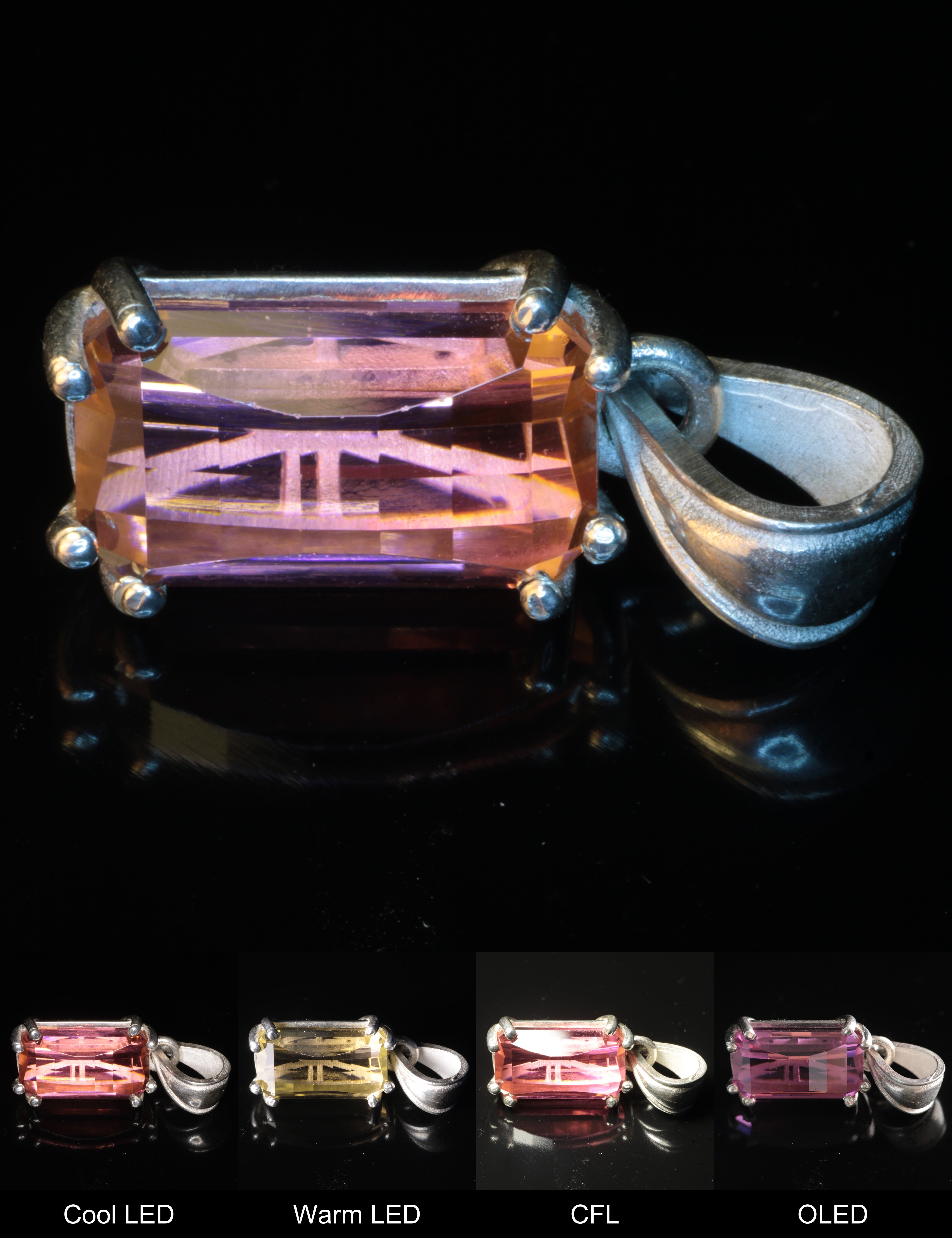 Erbium YAG Pixel Pendant Showing Color Change under Different Lighting