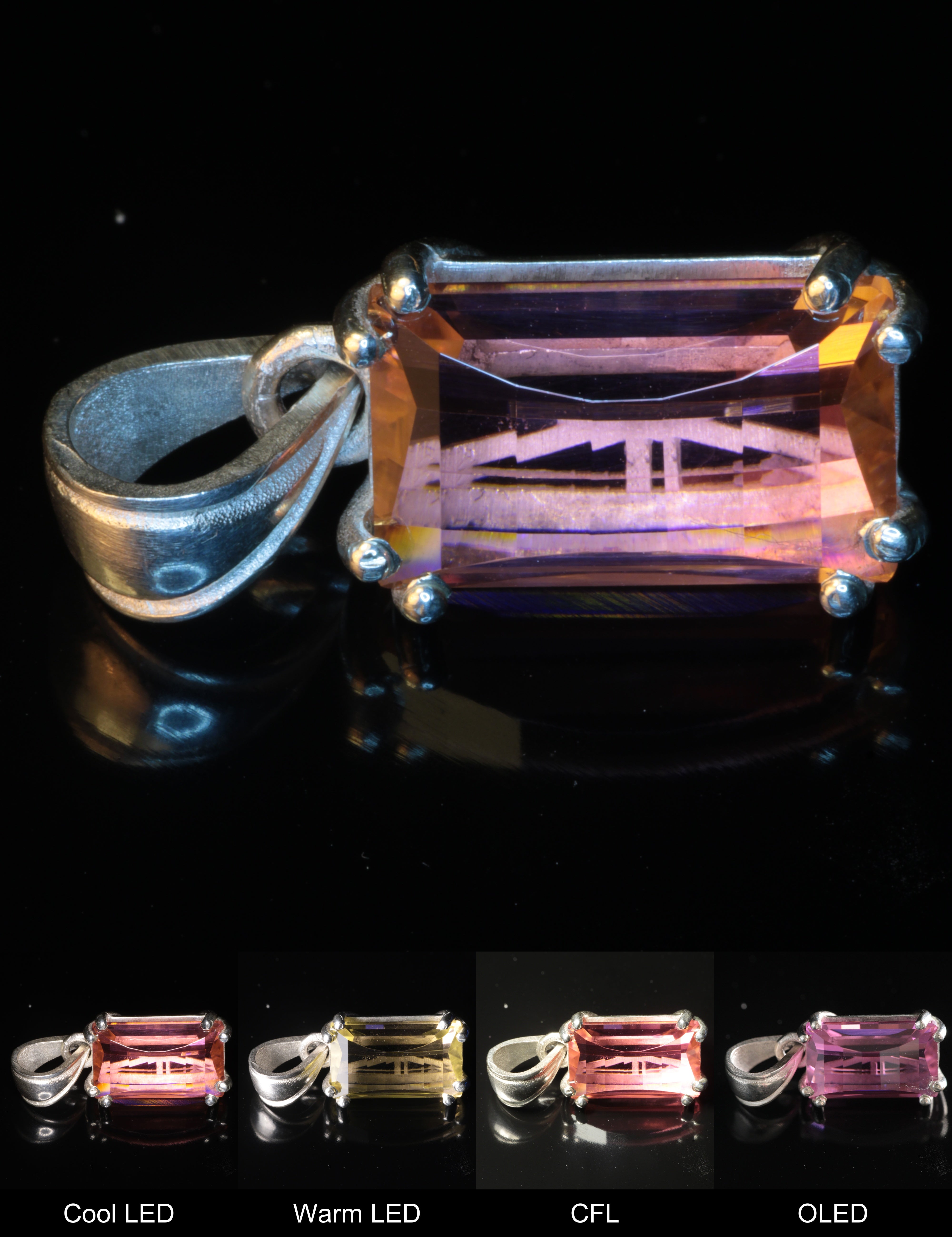 Erbium YAG Pixel Pendant Showing Color Change under Different Lighting