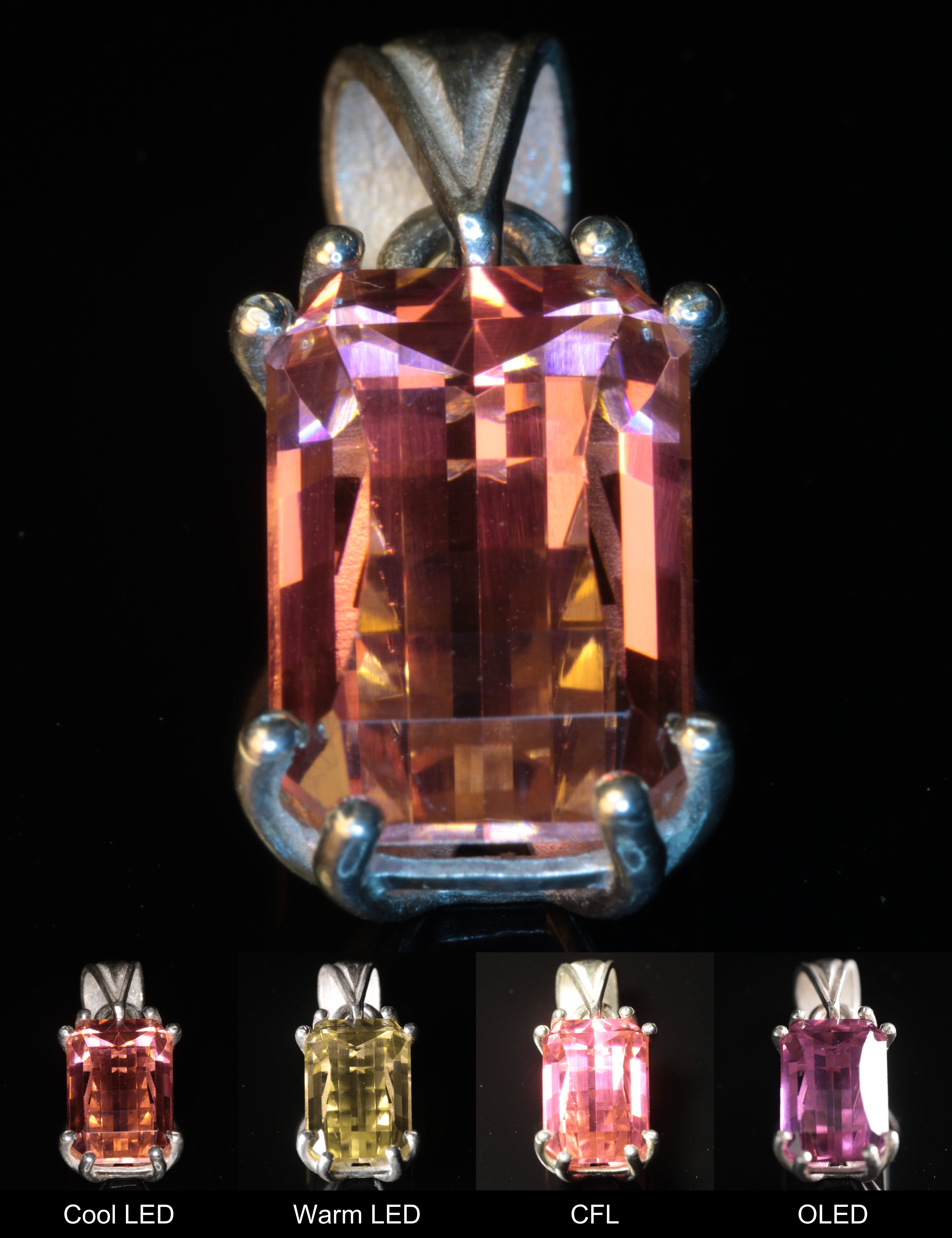 Erbium YAG Pixel Pendant Showing Color Change under Different Lighting