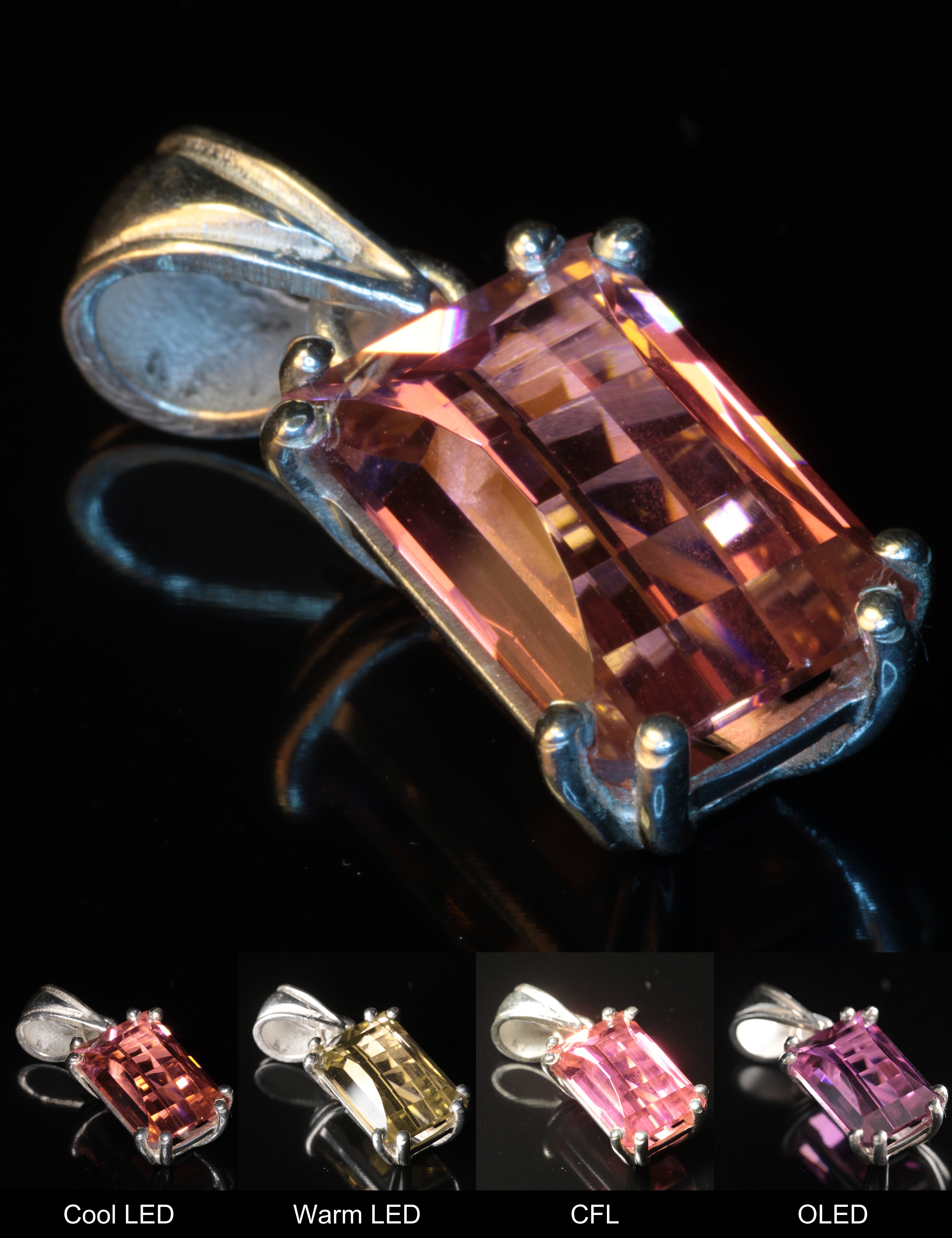 Erbium YAG Pixel Pendant Showing Color Change under Different Lighting