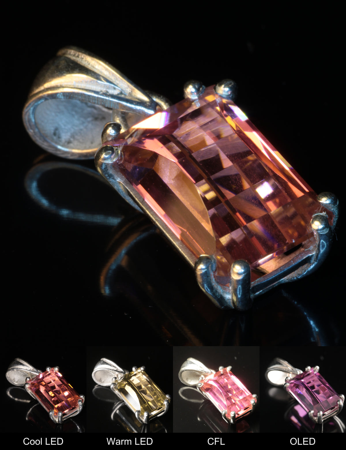 Erbium YAG Pixel Pendant Showing Color Change under Different Lighting