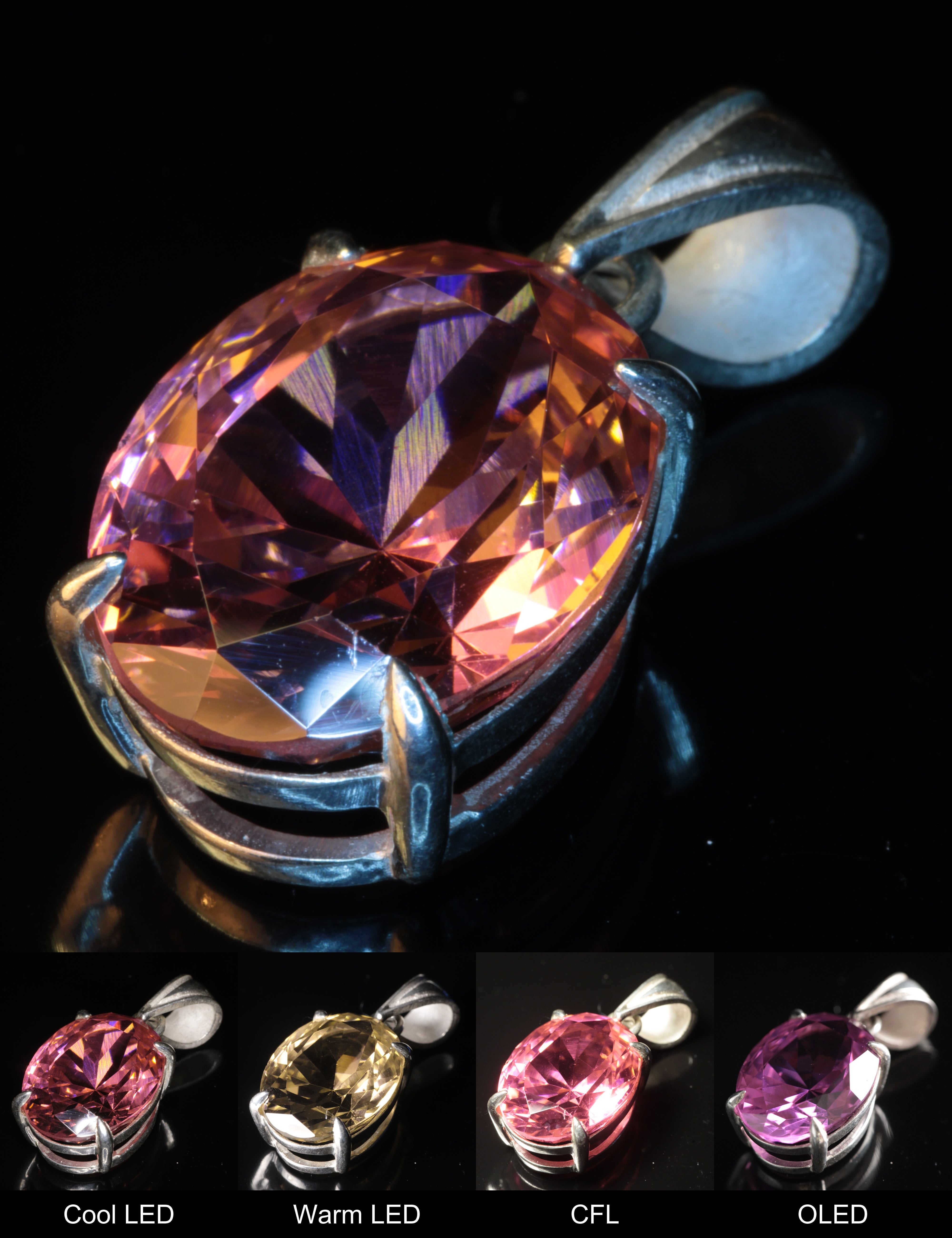 Erbium YAG Oval Pendant Showing Color Change under Different Lighting