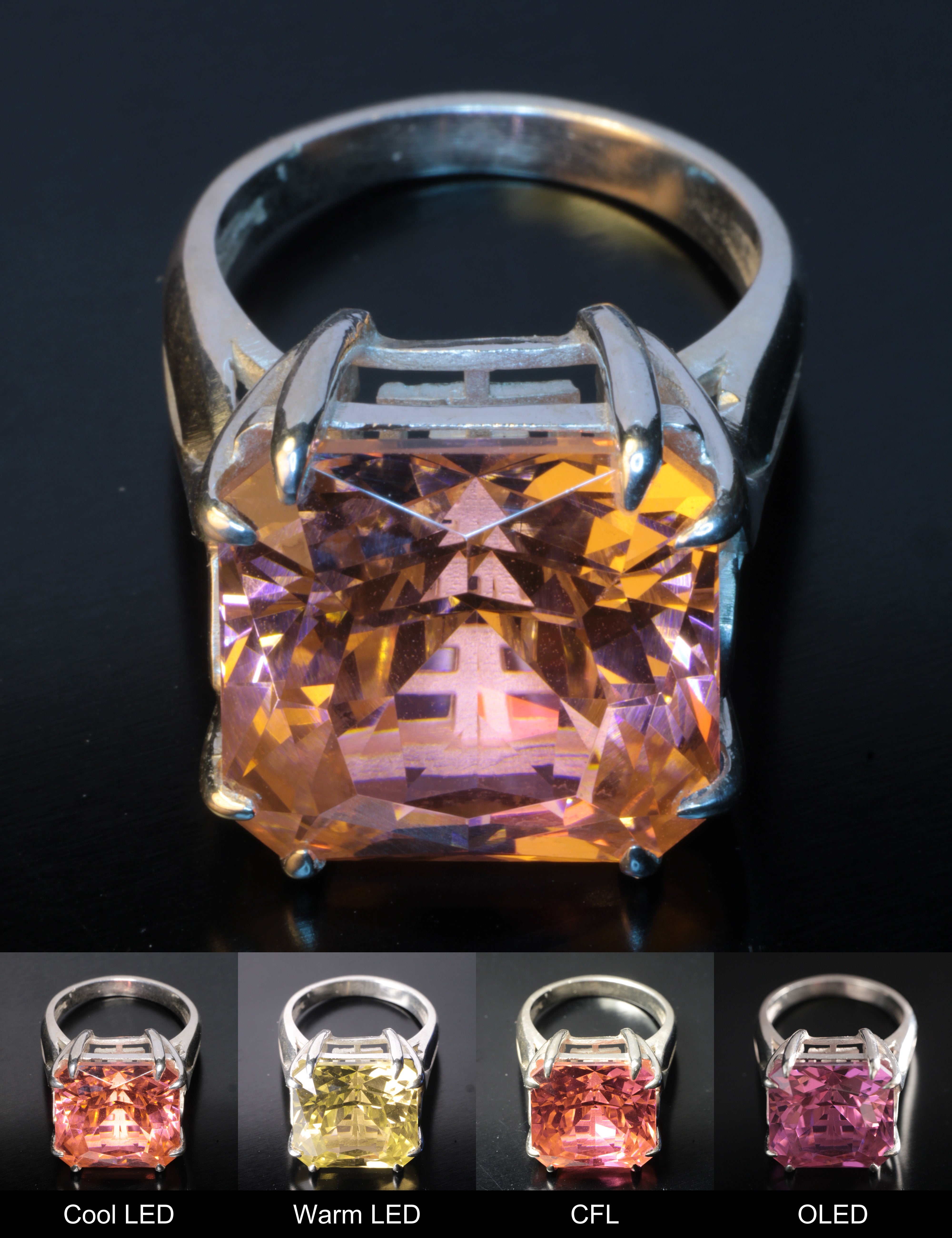Erbium YAG Large Square Ring Showing Color Change under Different Lighting