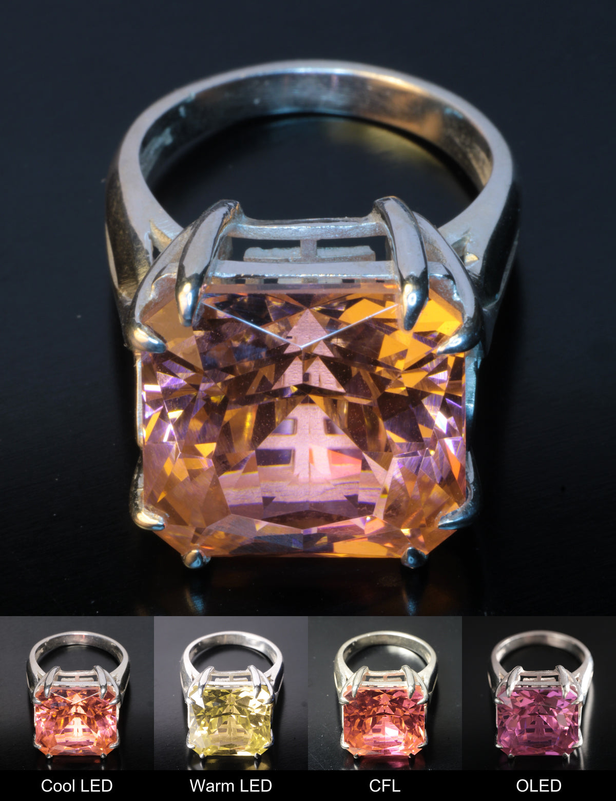 Erbium YAG Large Square Ring Showing Color Change under Different Lighting