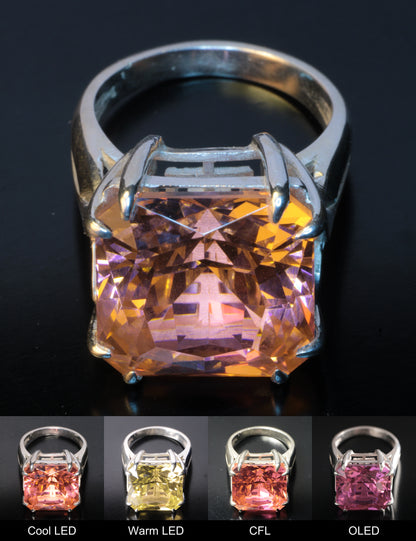 Erbium YAG Large Square Ring Showing Color Change under Different Lighting