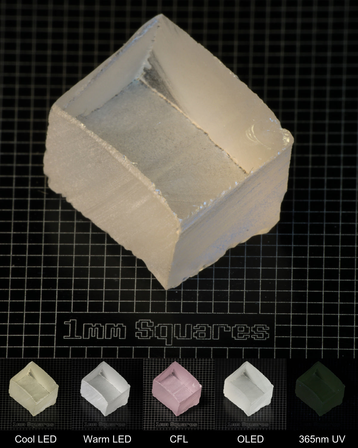 Light Block of Ho:YAG Gem Rough, showing color changes from yellow to pink under different lighting conditions.