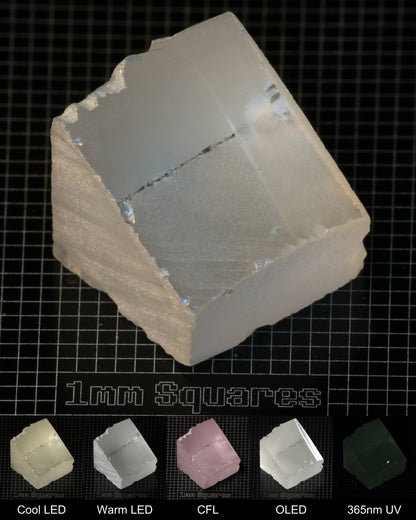 Light Wedge of Ho:YAG Gem Rough, showing color changes from yellow to pink under different lighting conditions.