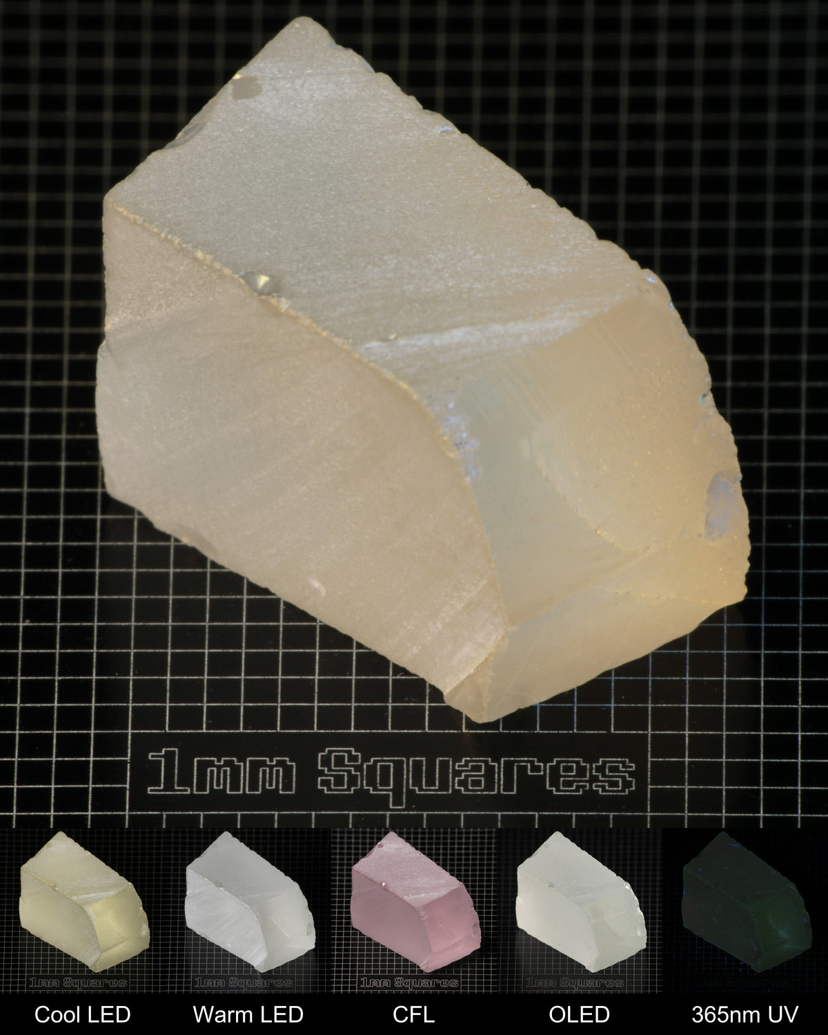 Light Block of Ho:YAG Gem Rough, showing color changes from yellow to pink under different lighting conditions.