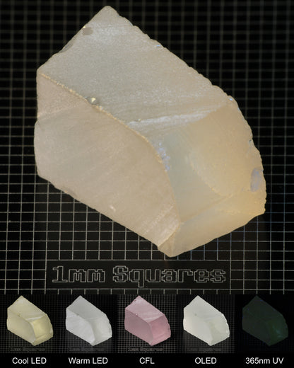Light Block of Ho:YAG Gem Rough, showing color changes from yellow to pink under different lighting conditions.