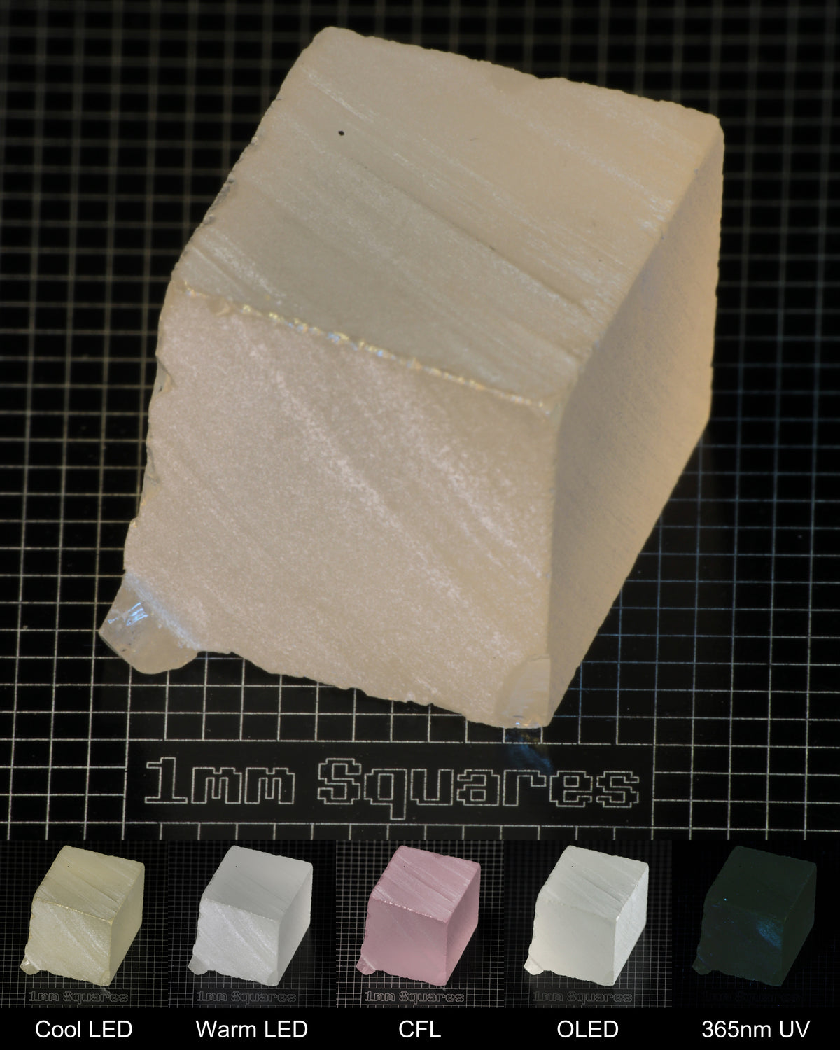 Light Block of Ho:YAG Gem Rough, showing color changes from yellow to pink under different lighting conditions.