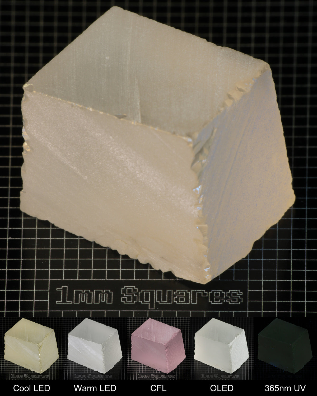 Light Block of Ho:YAG Gem Rough, showing color changes from yellow to pink under different lighting conditions.
