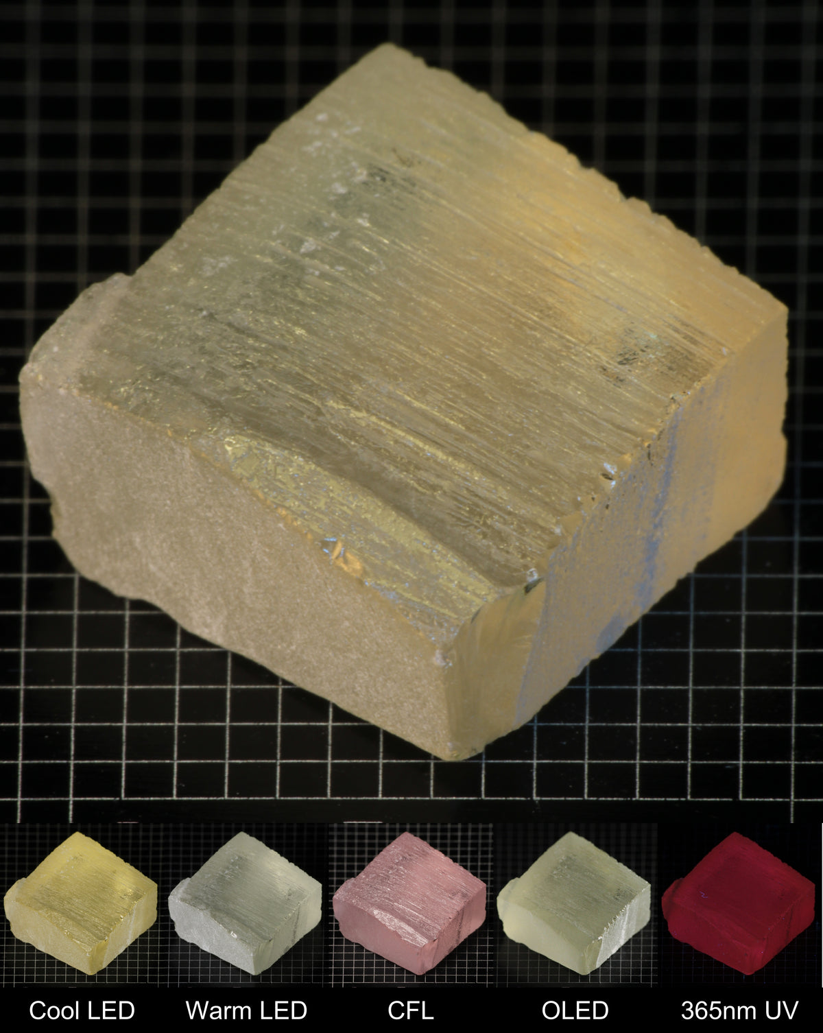 Darker Block of Ho:YAG Gem Rough, showing color changes from yellow to pink under different lighting conditions.
