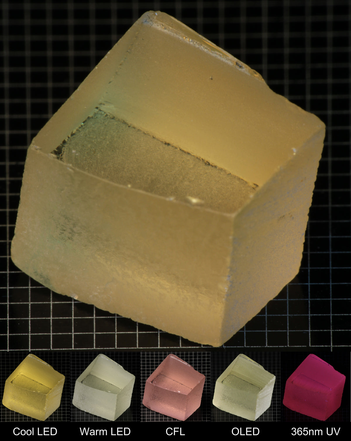 Darker Block of Ho:YAG Gem Rough, showing color changes from yellow to pink under different lighting conditions.