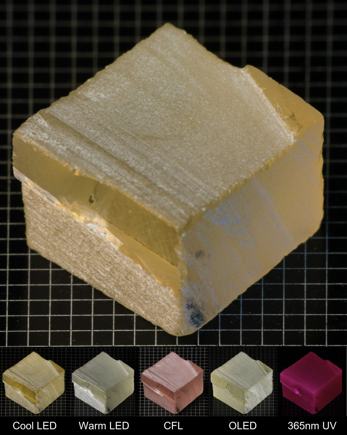 Darker Block of Ho:YAG Gem Rough, showing color changes from yellow to pink under different lighting conditions.