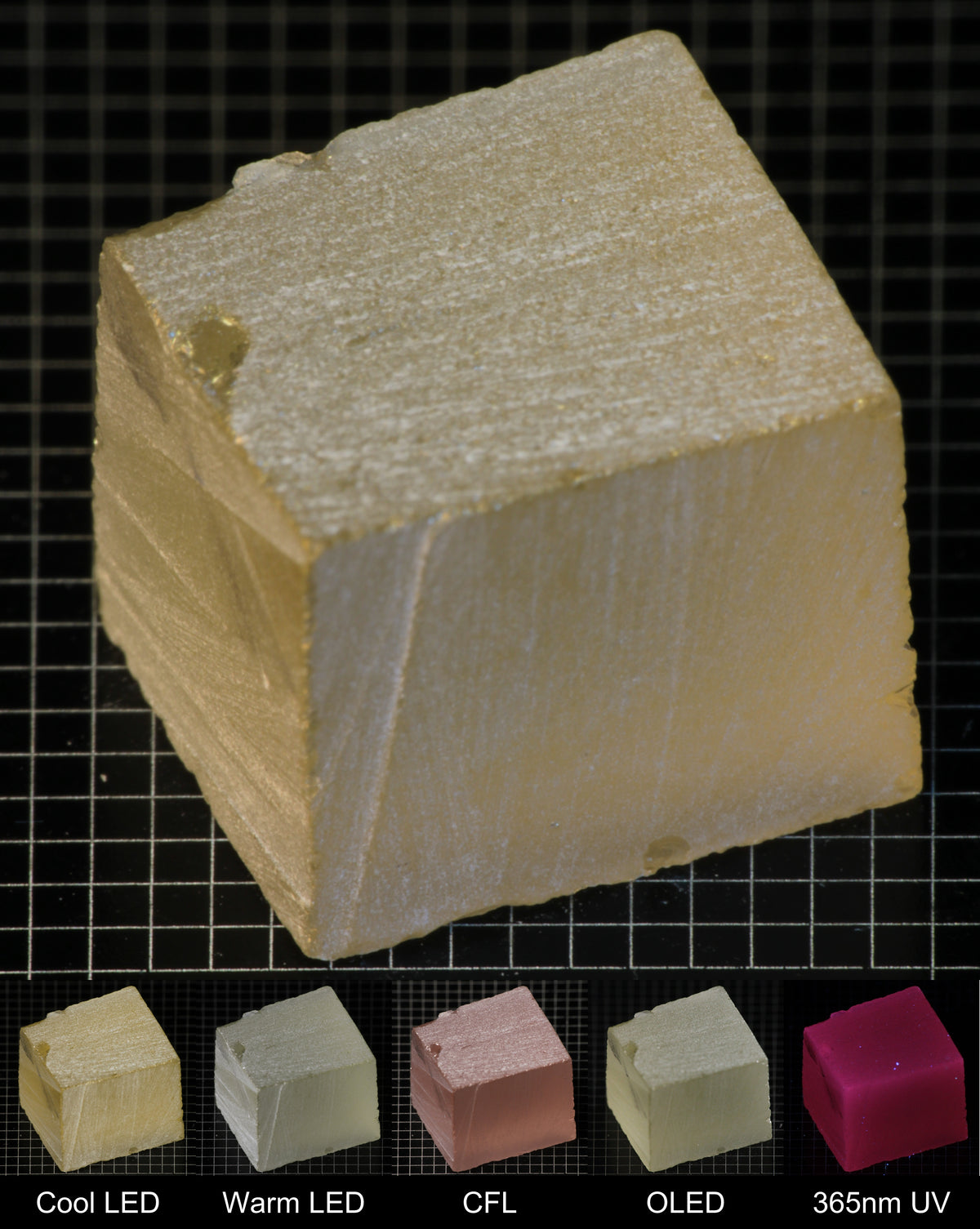 Darker Block of Ho:YAG Gem Rough, showing color changes from yellow to pink under different lighting conditions.