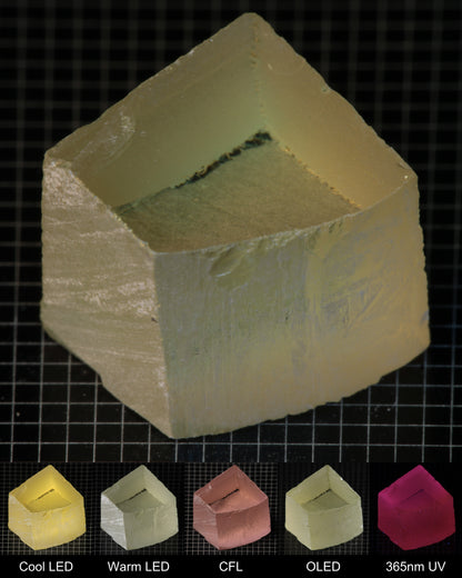 Darker Block of Ho:YAG Gem Rough, showing color changes from yellow to pink under different lighting conditions.