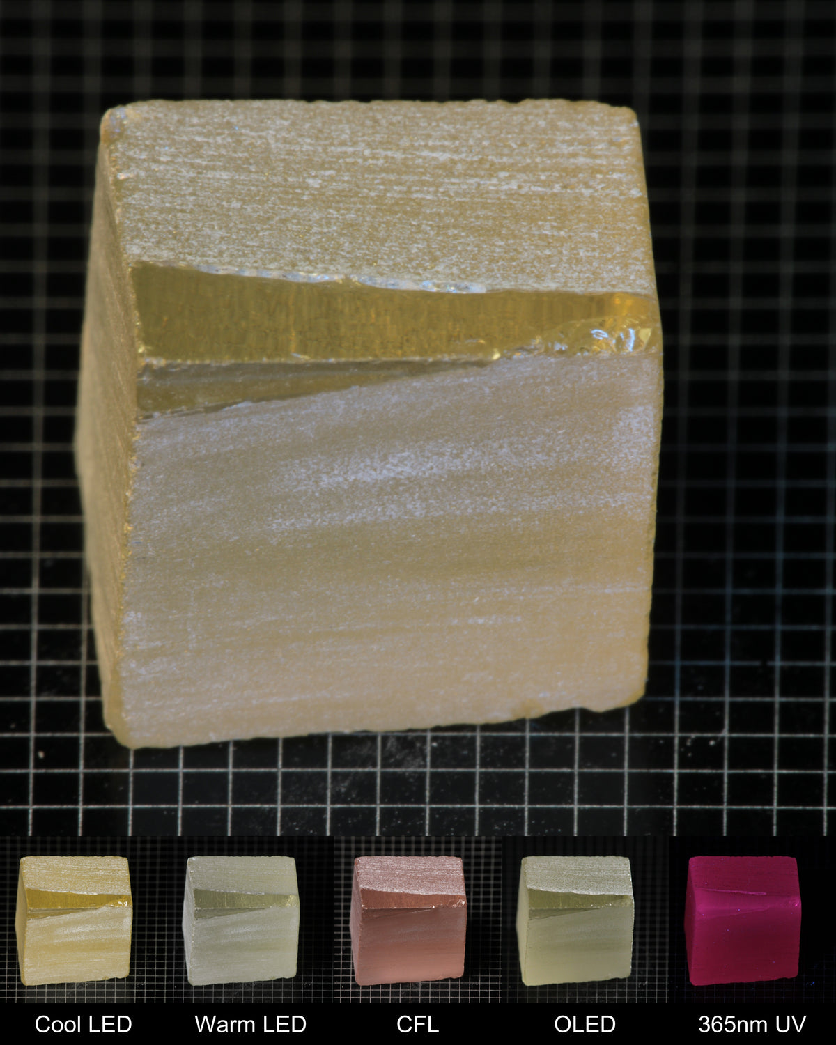 Darker Block of Ho:YAG Gem Rough, showing color changes from yellow to pink under different lighting conditions.