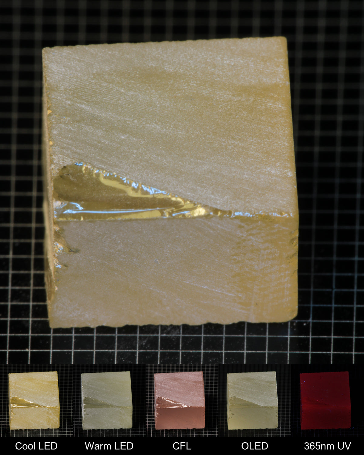 Darker Block of Ho:YAG Gem Rough, showing color changes from yellow to pink under different lighting conditions.