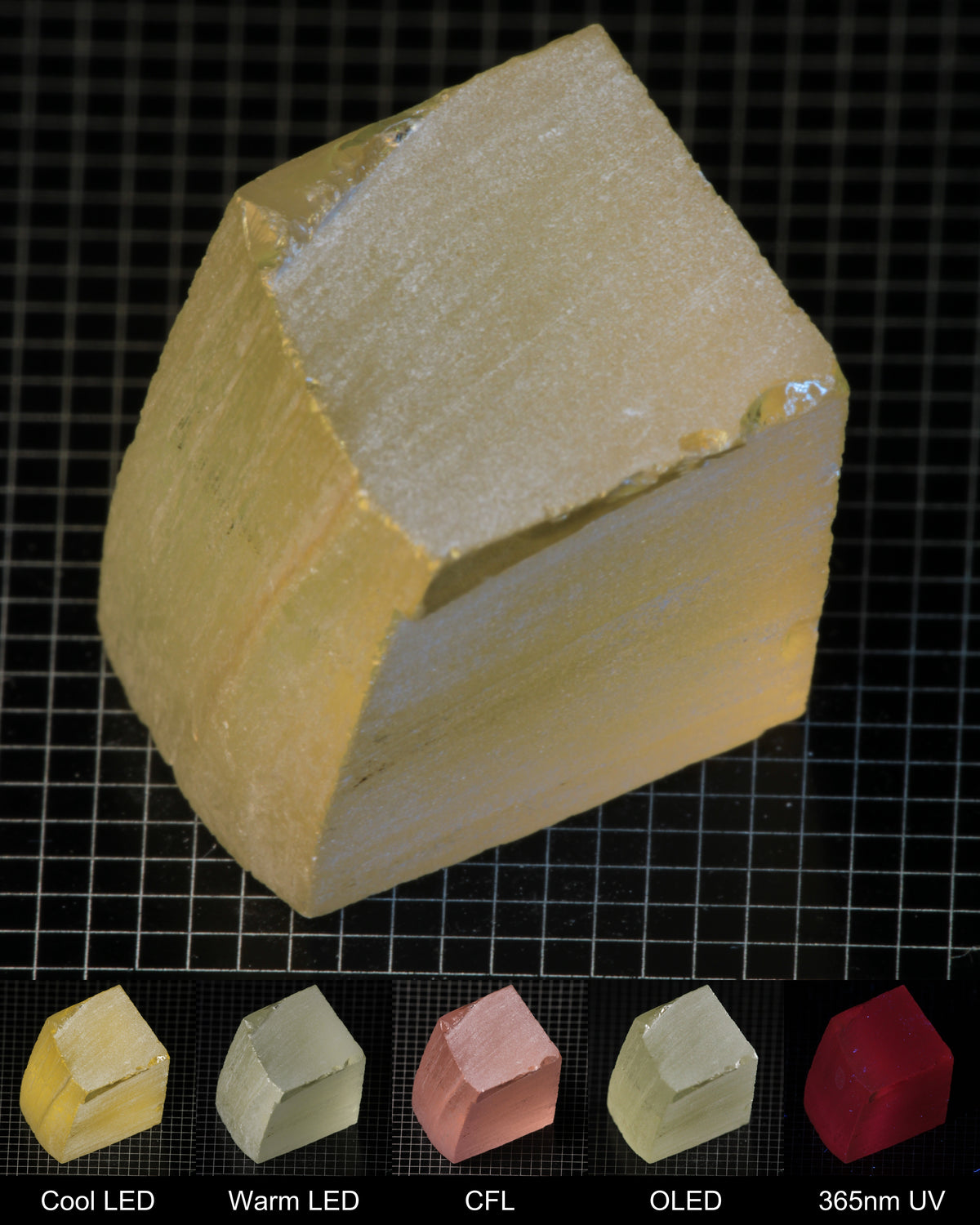 Darker Block of Ho:YAG Gem Rough, showing color changes from yellow to pink under different lighting conditions.