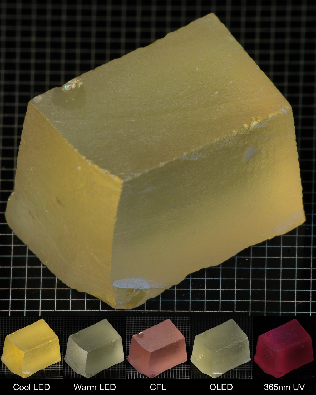 Darker Block of Ho:YAG Gem Rough, showing color changes from yellow to pink under different lighting conditions.