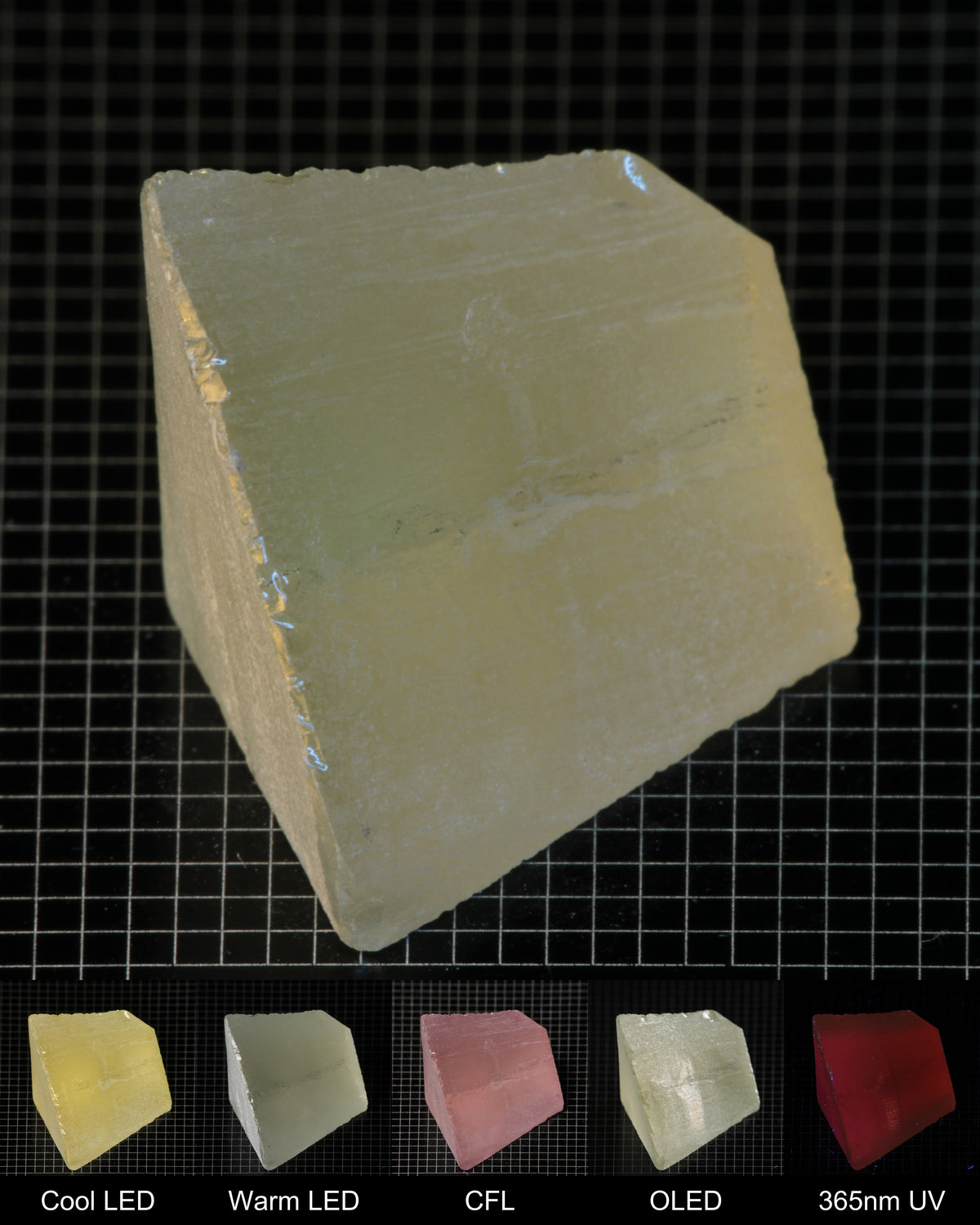 Darker Edge of Ho:YAG Gem Rough, showing color changes from yellow to pink under different lighting conditions.
