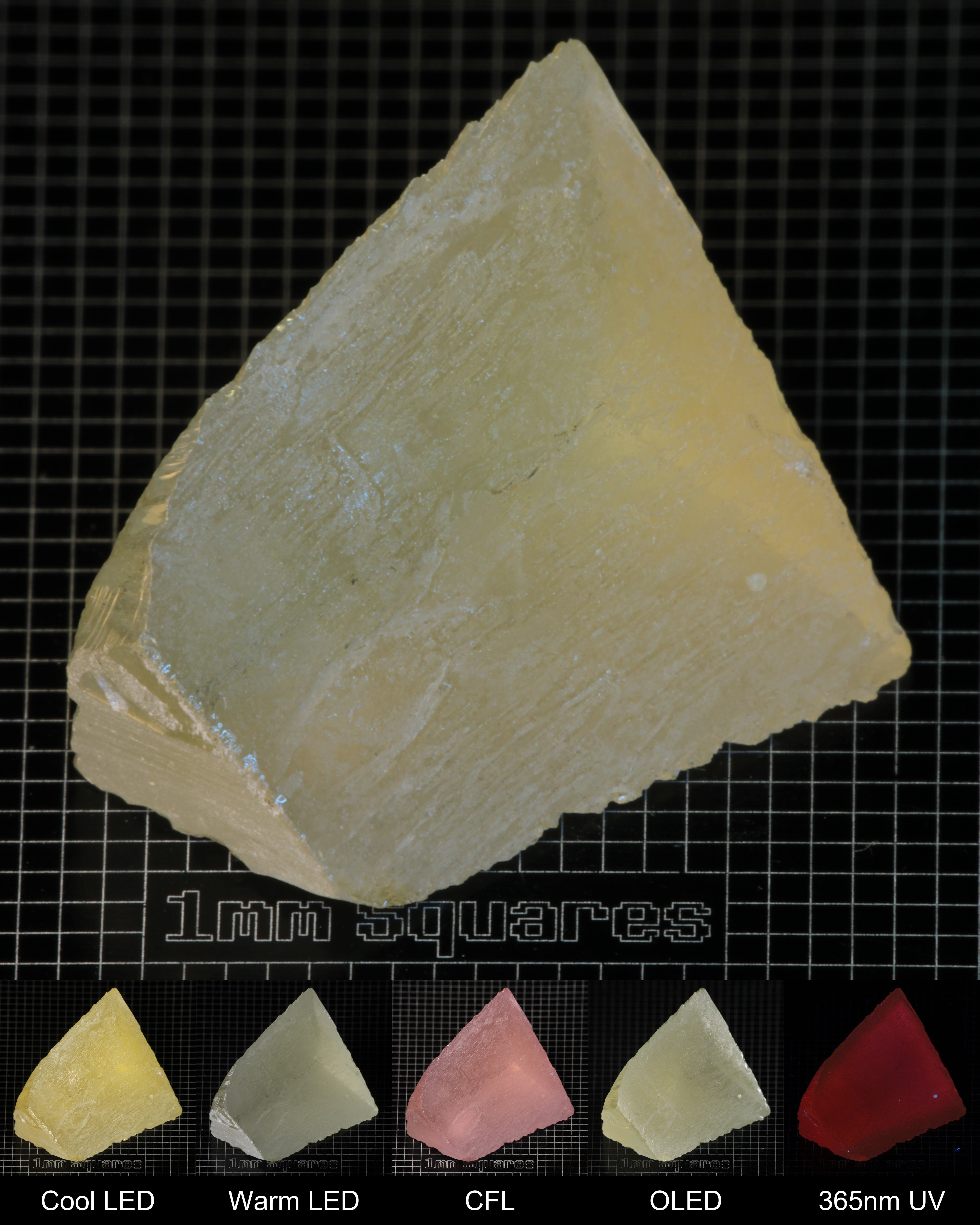 Darker Edge of Ho:YAG Gem Rough, showing color changes from yellow to pink under different lighting conditions.