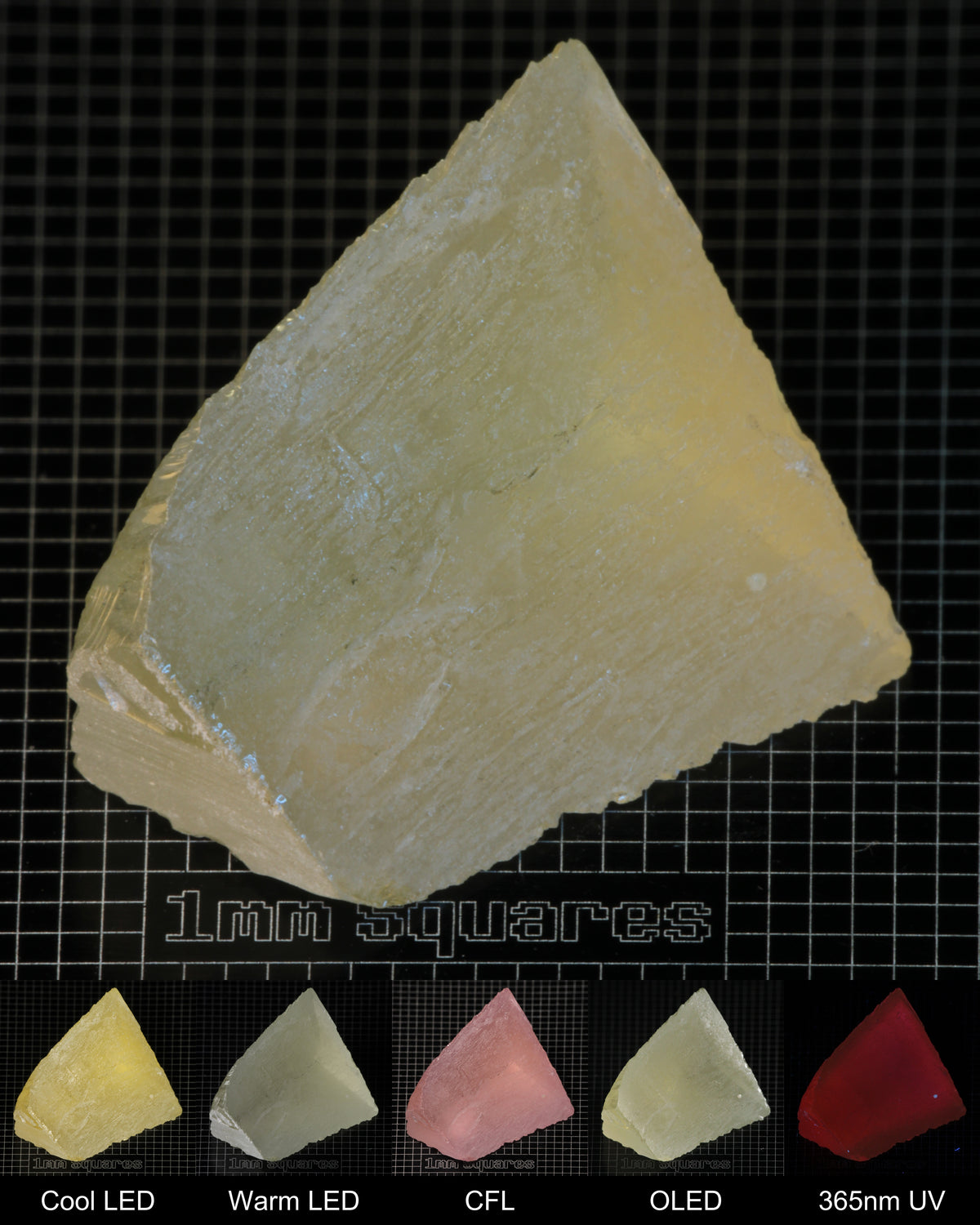 Darker Edge of Ho:YAG Gem Rough, showing color changes from yellow to pink under different lighting conditions.