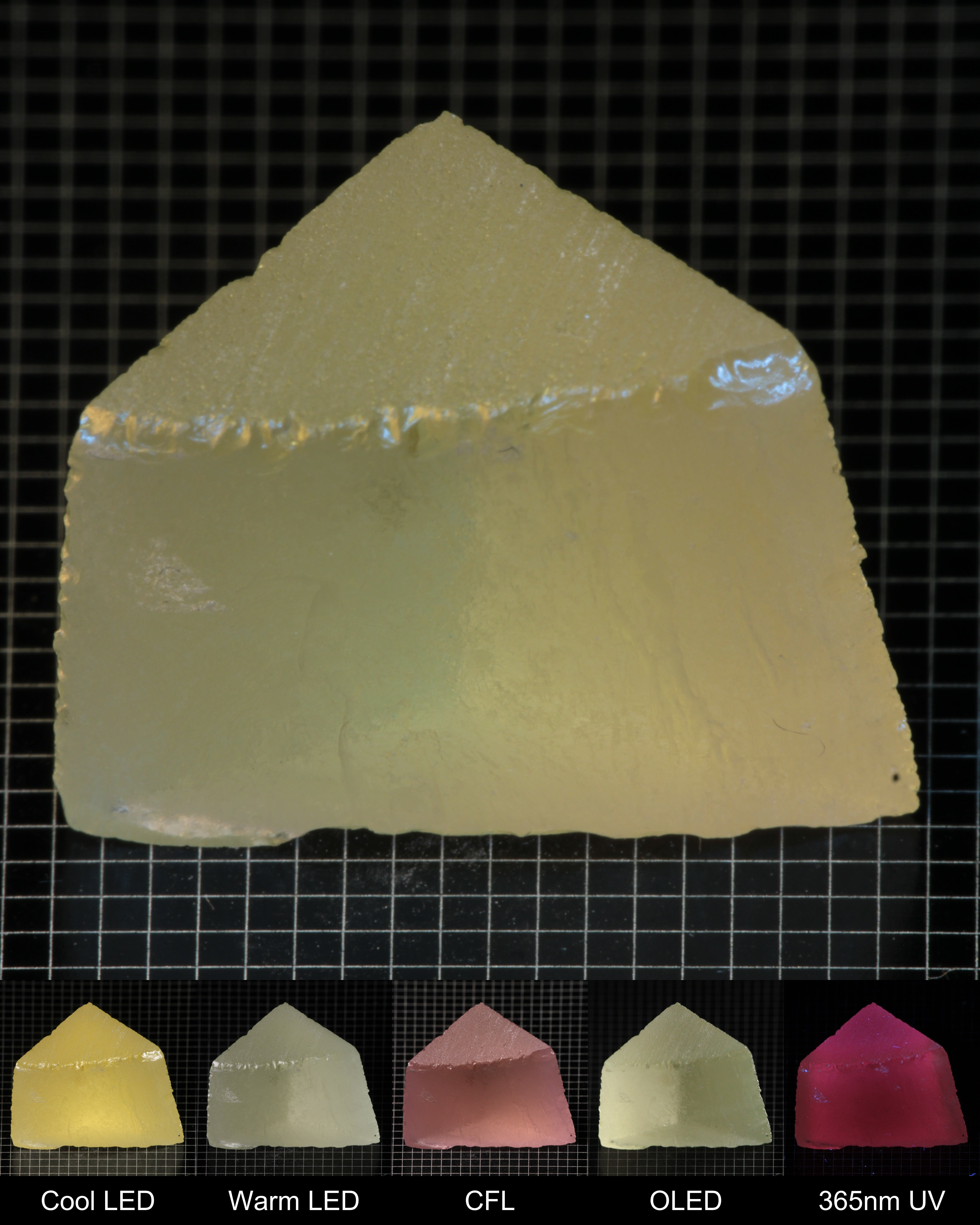 Darker Edge of Ho:YAG Gem Rough, showing color changes from yellow to pink under different lighting conditions.