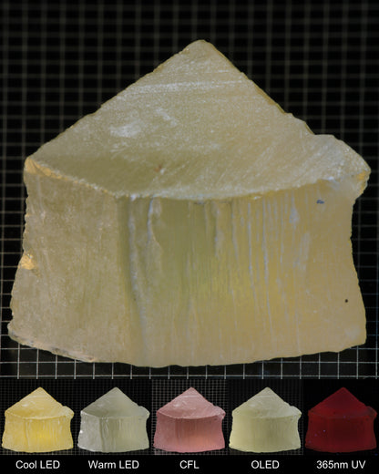 Darker Edge of Ho:YAG Gem Rough, showing color changes from yellow to pink under different lighting conditions.