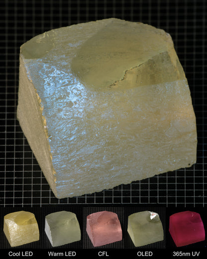Darker Edge of Ho:YAG Gem Rough, showing color changes from yellow to pink under different lighting conditions.