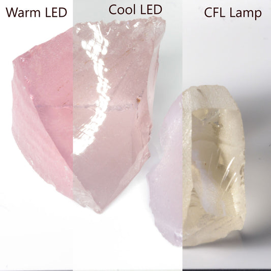 Color Change Nd/Ce Laser YAG showing pink under warm led, violet under cool LEd, and yellow under CFL