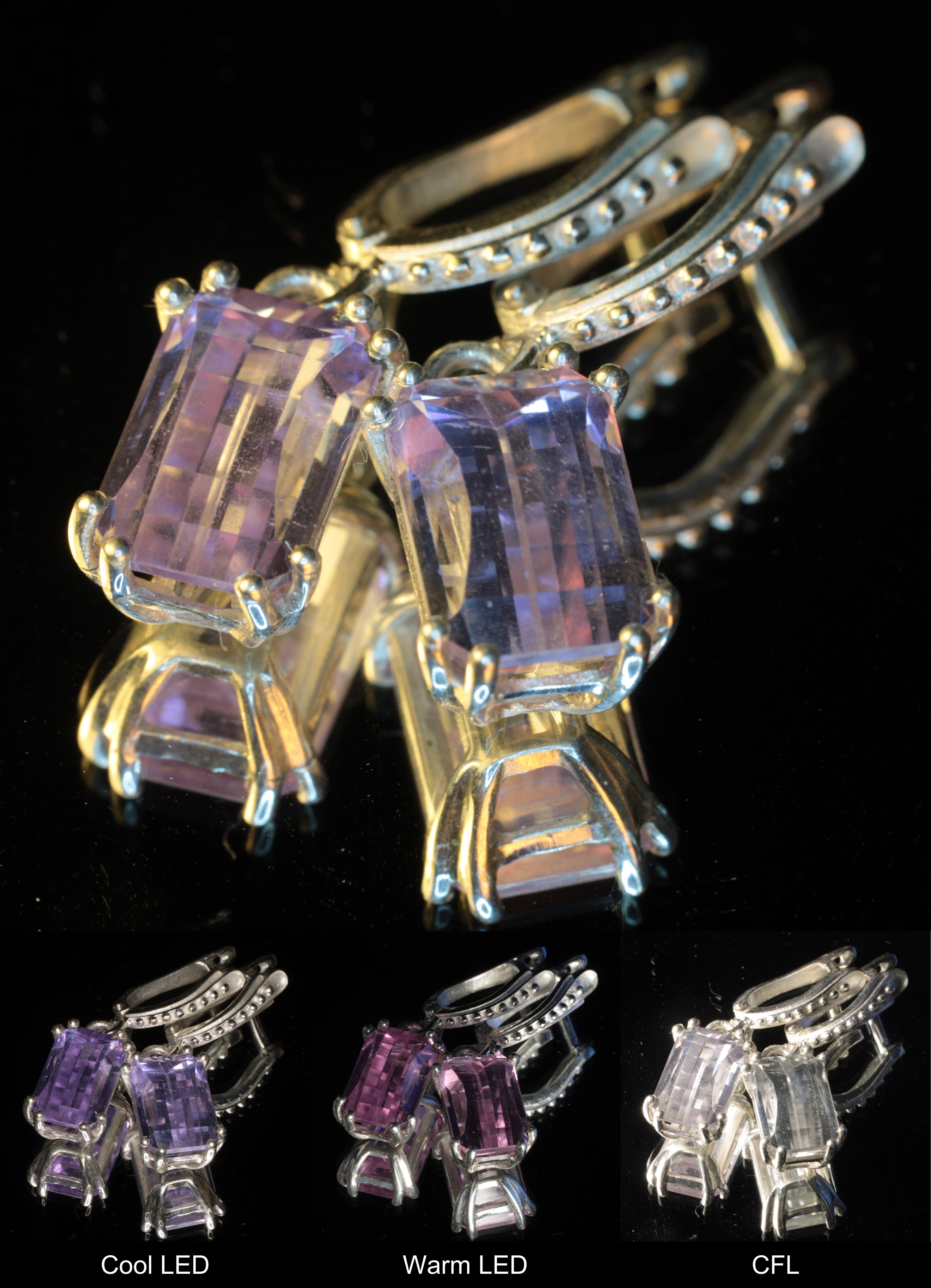Faceted Yttrium Aluminum Perovskite Bubbly Pixel Earrings under different lighting, mixed at top, and at the bottom Cool LED, Warm LED, and CFL Lights