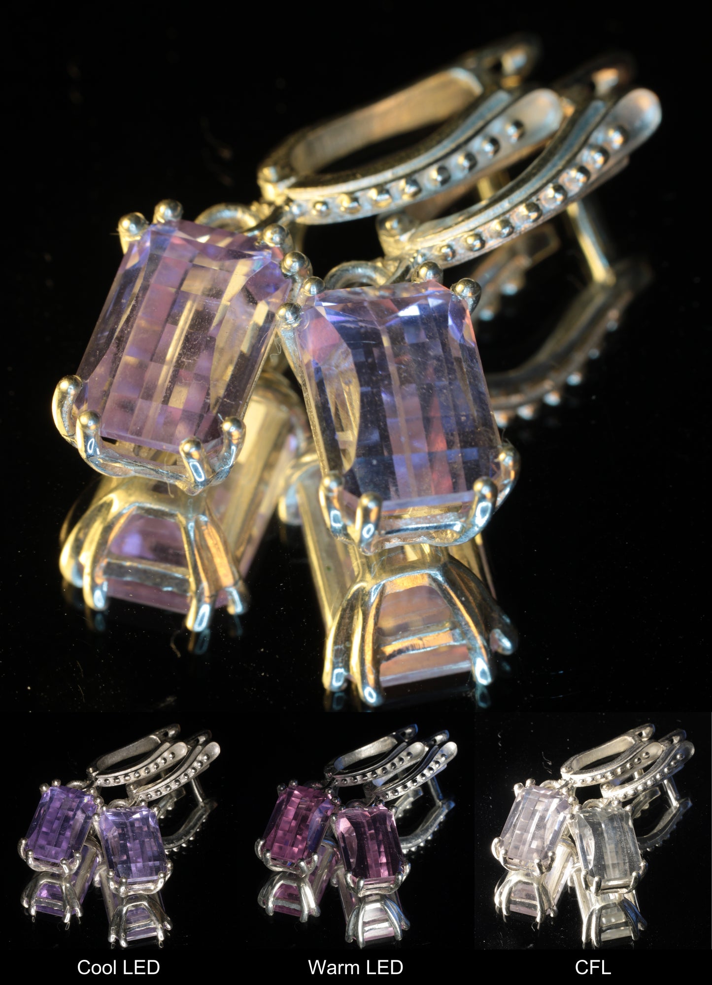 Faceted Yttrium Aluminum Perovskite Bubbly Pixel Earrings under different lighting, mixed at top, and at the bottom Cool LED, Warm LED, and CFL Lights