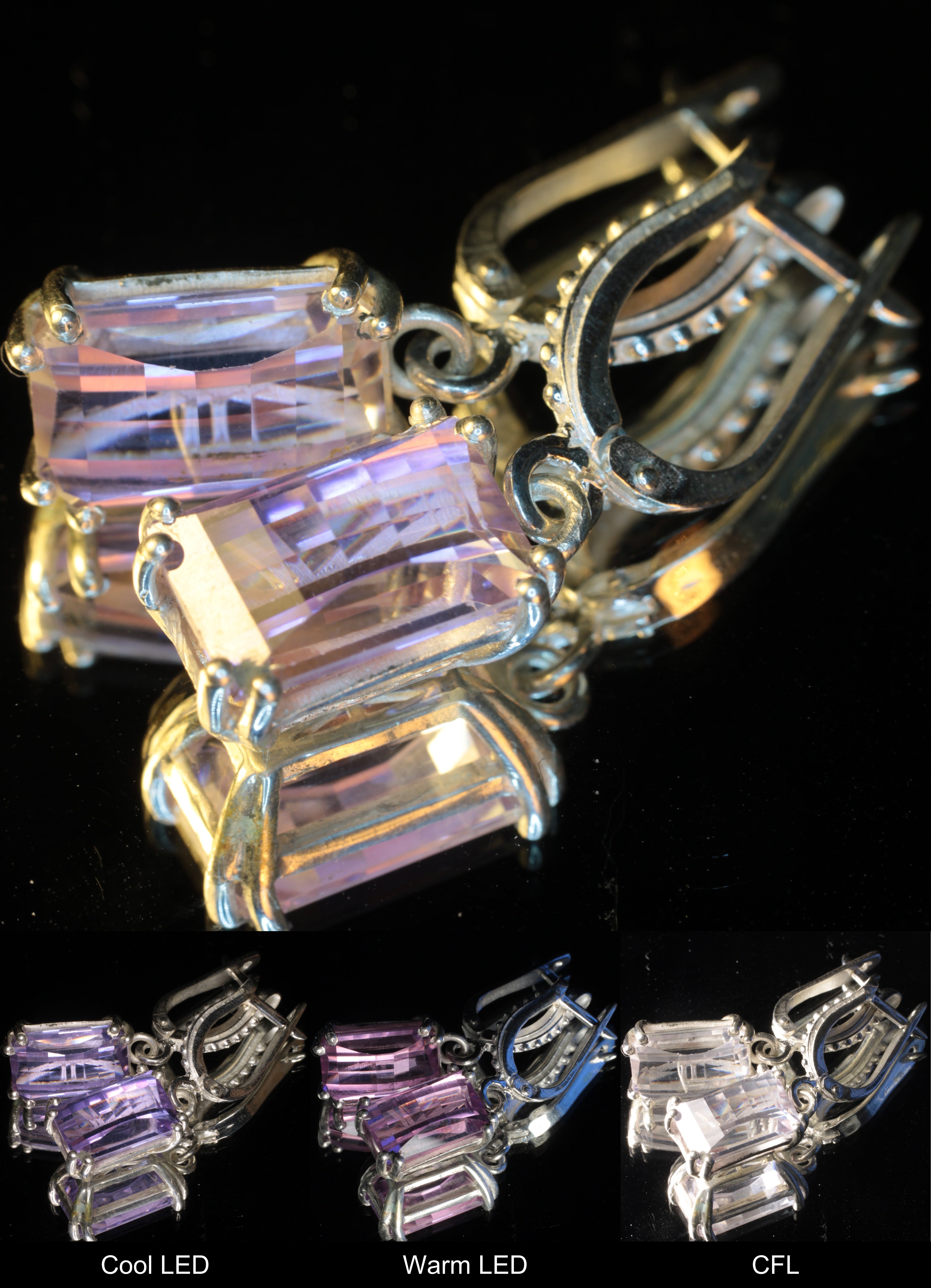 Faceted Yttrium Aluminum Perovskite Pixel Earrings under different lighting, mixed at top, and at the bottom Cool LED, Warm LED, and CFL Lights