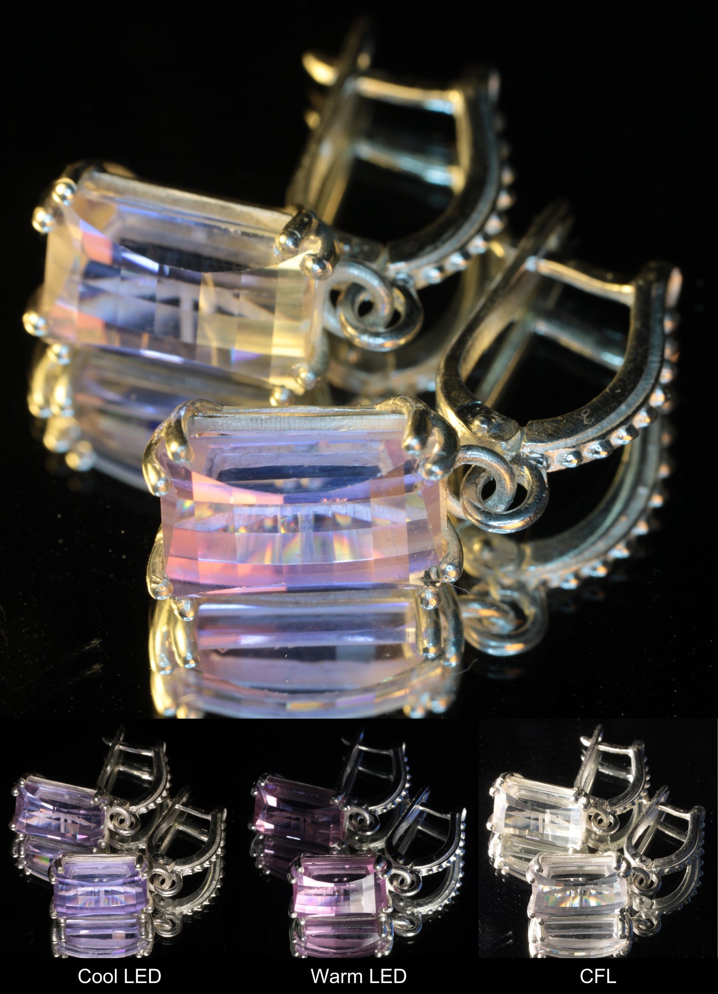 Faceted Yttrium Aluminum Perovskite Pixel Earrings under different lighting, mixed at top, and at the bottom Cool LED, Warm LED, and CFL Lights