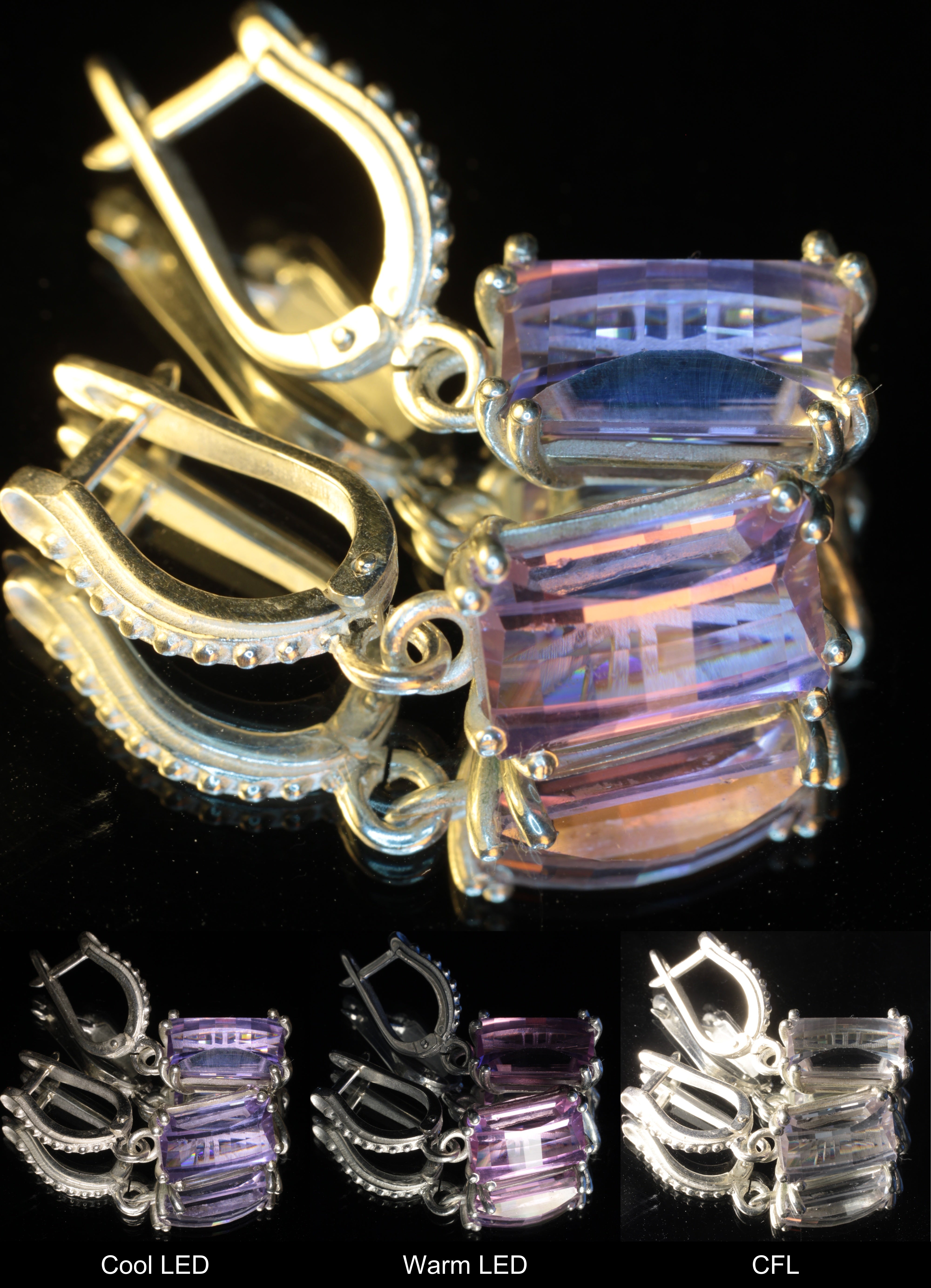 Faceted Yttrium Aluminum Perovskite Pixel Earrings under different lighting, mixed at top, and at the bottom Cool LED, Warm LED, and CFL Lights