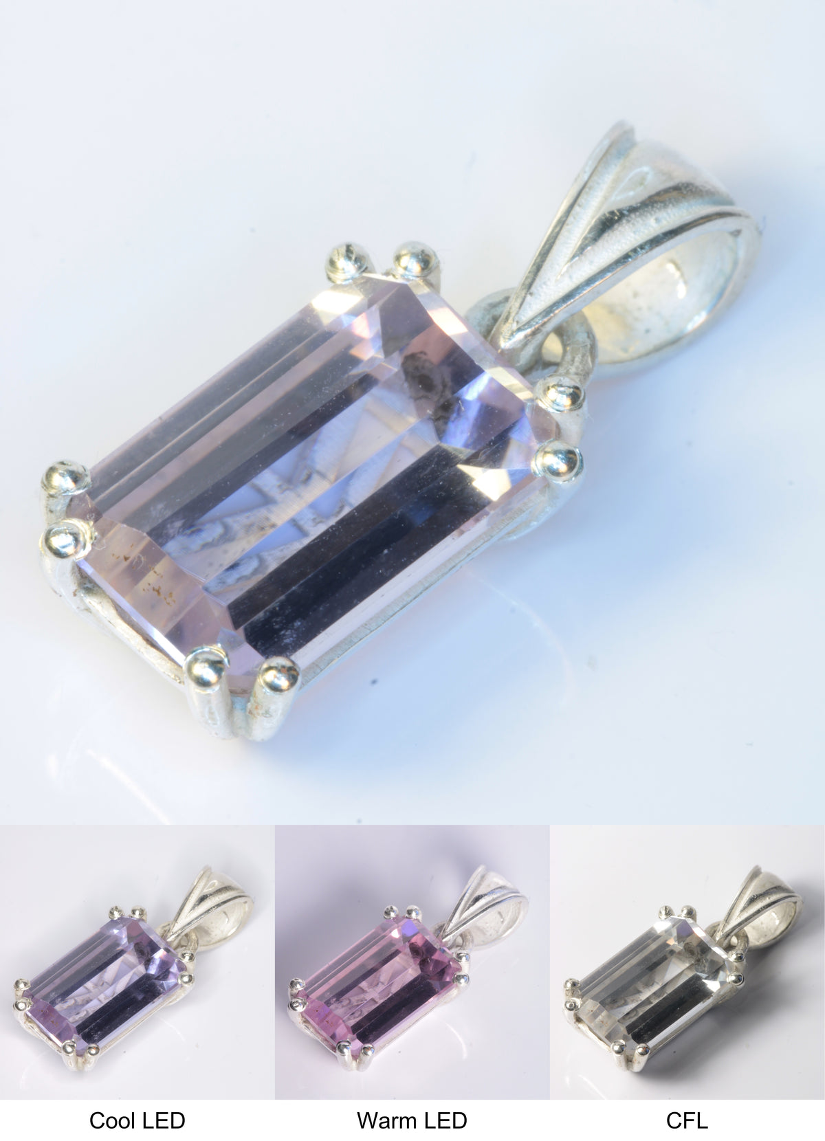Nd:YAP Pendant under multiple lighting, showing purple under cool LED, magenta under warm LED, and colorless under CFL fluorescent lighting 