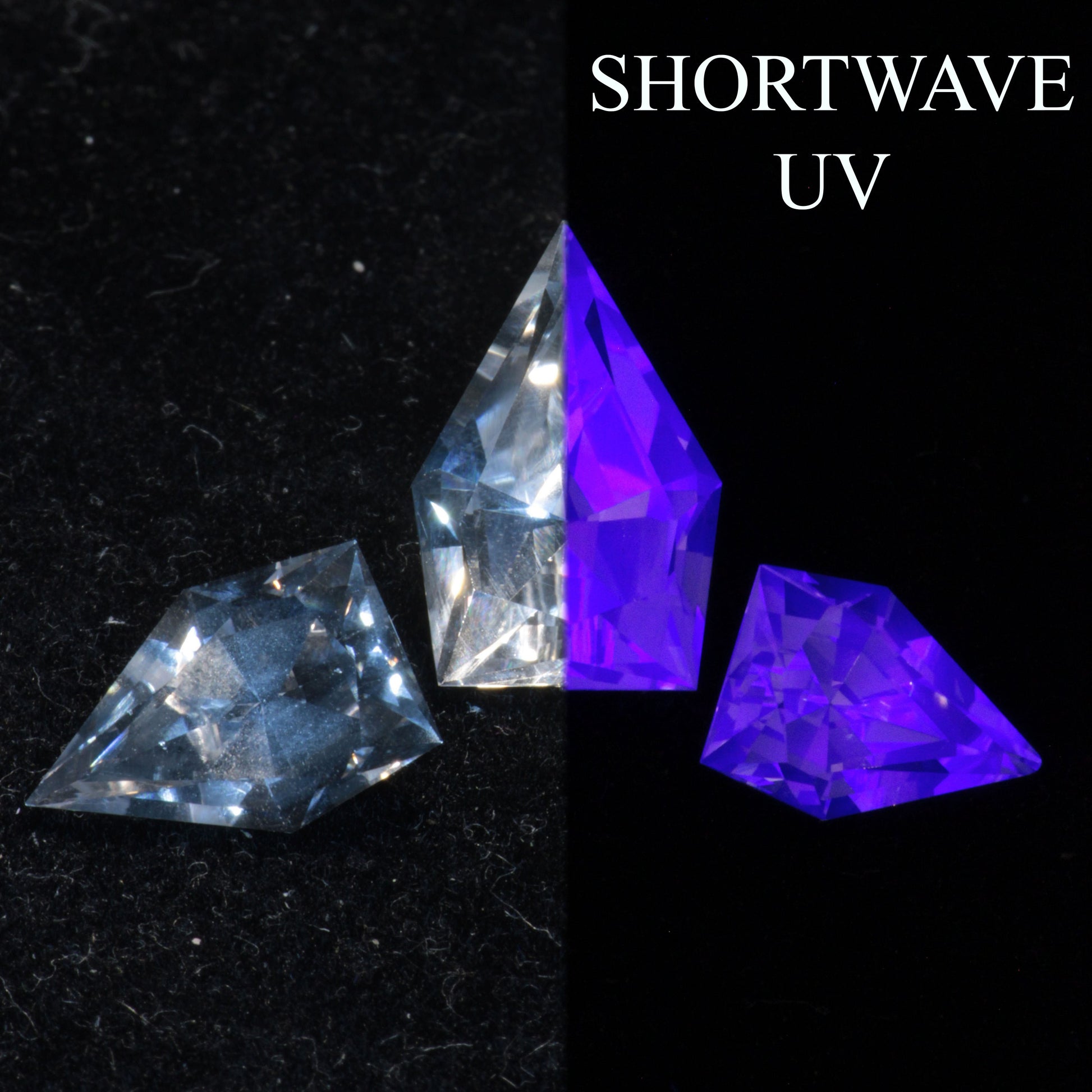 Clear sapphire grown for the F-35 fighter jet cut into a design resembling the F35 EOTS system, shown under both visible light and UVC demonstrating the blue glow