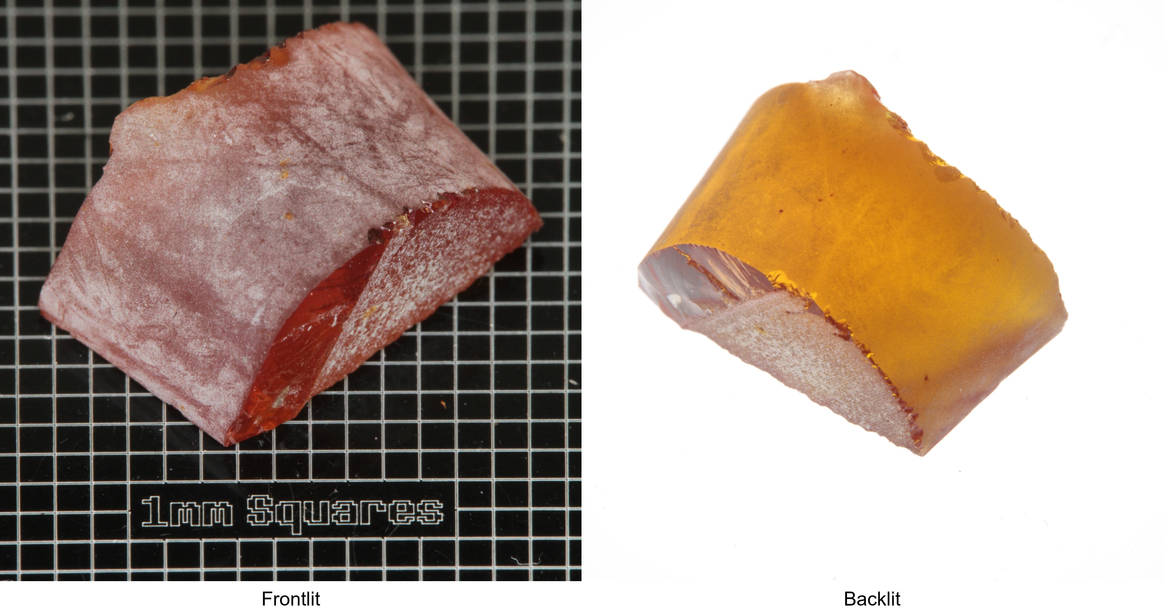 Rough Orange Flame Fusion Sapphire, Semicircle Shaped Piece shown in both normal light and backlit.