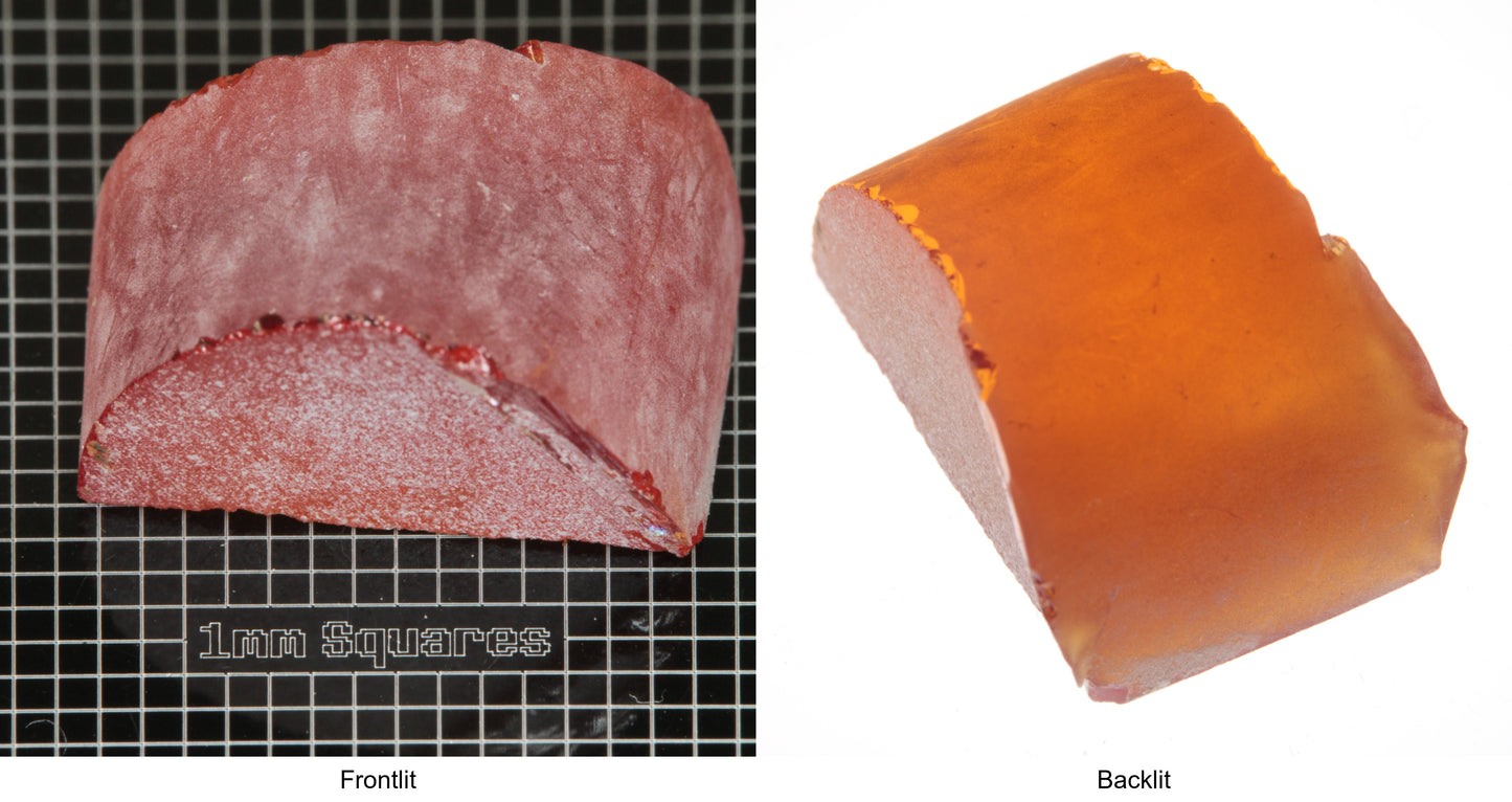 Rough Orange Flame Fusion Sapphire, Semicircle Shaped Piece shown in both normal light and backlit.