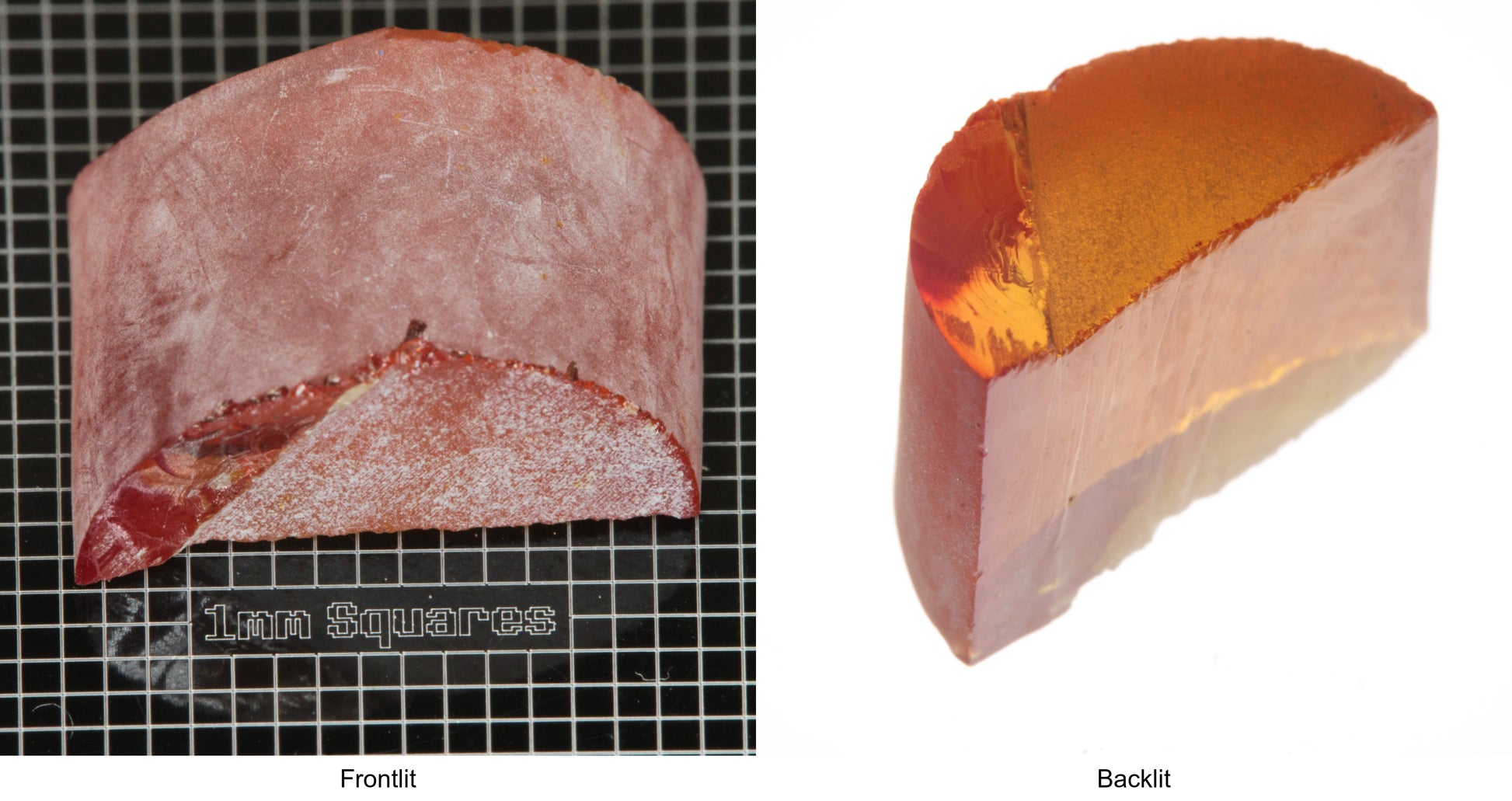 Rough Orange Flame Fusion Sapphire, Semicircle Shaped Piece shown in both normal light and backlit.